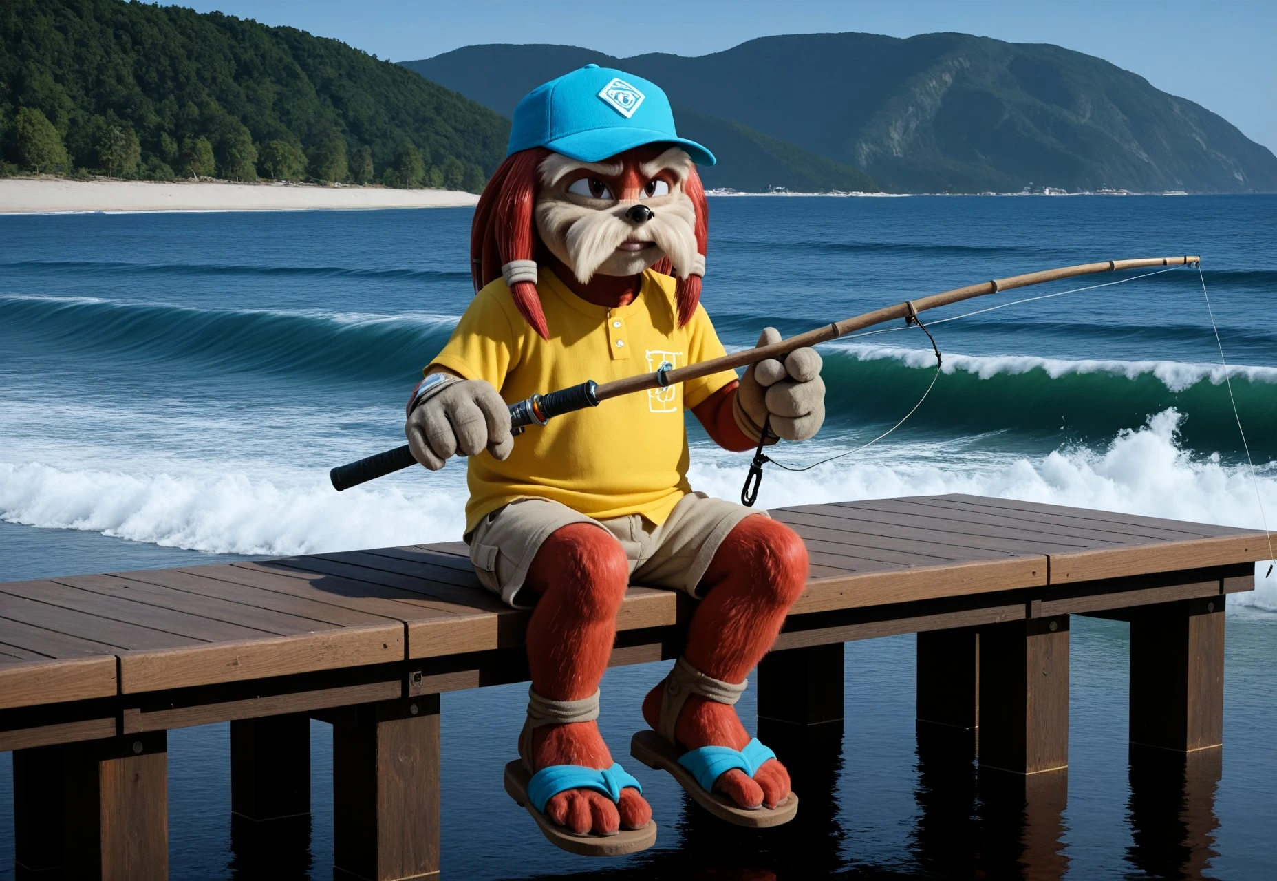 score_9, score_8_up, score_7_up, (best quality), ultra-detailed, high resolution, 8k, Pachacamac, elderly furry male, anthro echidna, 3d, cgi, photorealistic, full body, outside, sitting on pier, summer, waves, blue hat, yellow shirt, khaki shorts, sandals, holding a fishing rod, mustache, 