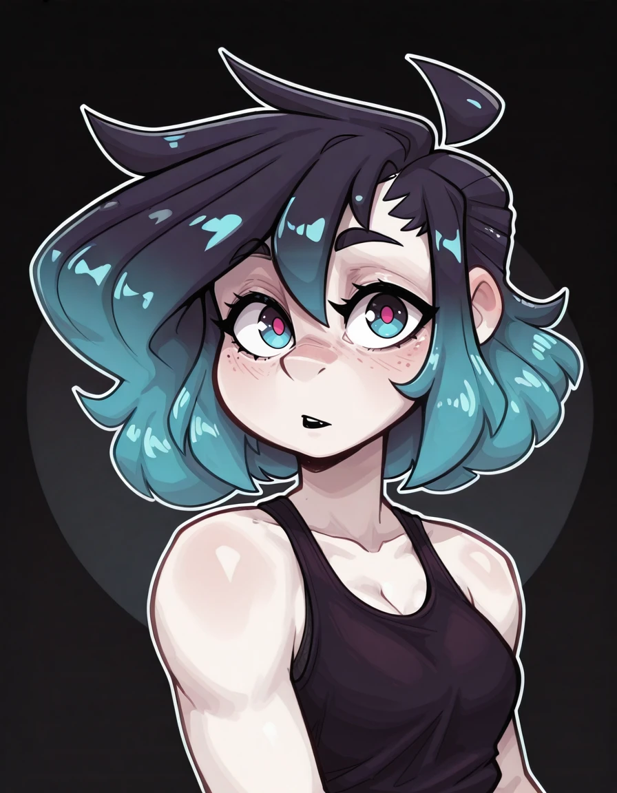 1girl, Ra3lyn,
<lora:OC_Rae_Character_LoRA:1>
<lora:TrooLoo_Style_LoRA:1> tr00l005ty13, 
solo, tank top, bra strap, gradient hair, face, close up, dark clothes, looking at viewer, heavily stylized, drama layer, amazing quality, close up, neon palette, dynamic, portrait shot,