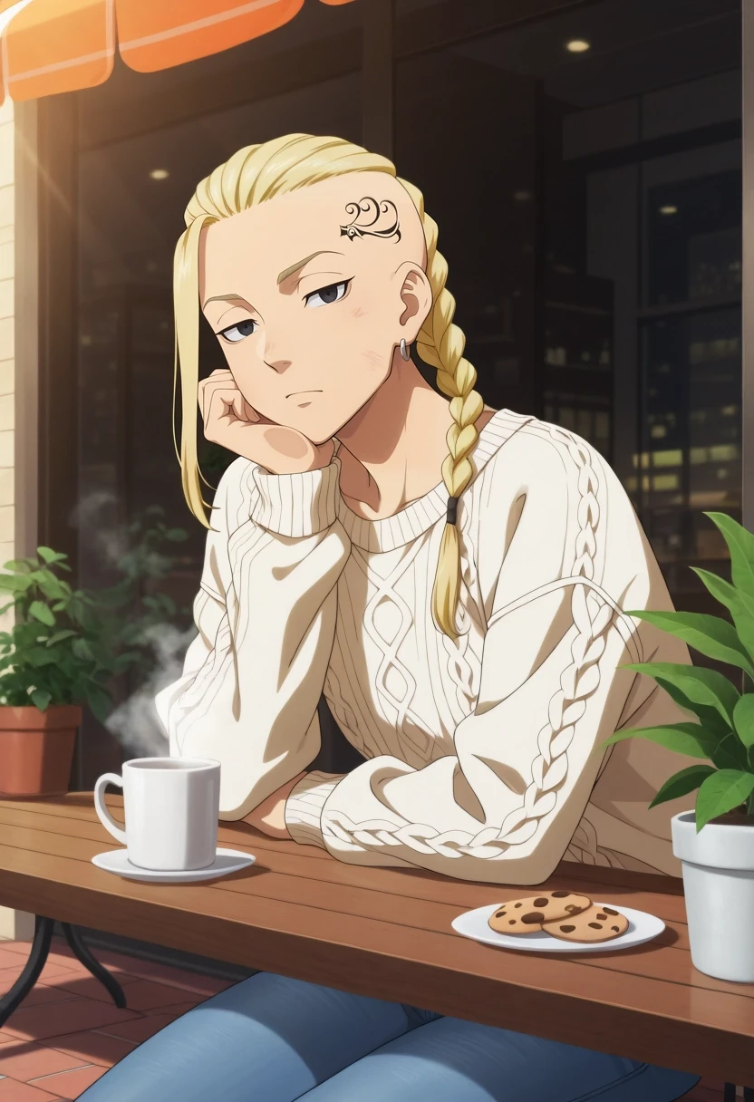 masterpiece, best quality, amazing quality, very aesthetic, high resolution, ultra-detailed, absurdres, newest, colorful, highest detailed, very awa, anime screencap, official style, anime coloring, cowboy shot, looking at viewer, 1boy, solo, male focus, <lora:ken_ryuuguuji_ilxl:0.94>, ken_ryuuguuji, blonde hair, black eyes, braid, single braid, braided ponytail, tattoo, long hair, , sitting alone at café patio table, distant gaze, cozy knit sweater and slim jeans, ceramic mug steaming, wooden table with light scratches, warm sunlight filtering through umbrella canopy, clean sidewalk with faint leaf shadows, nearby potted plants, small dish with cookie, faint reflections on glass door behind, hand resting lightly on cheek, slow afternoon ambiance