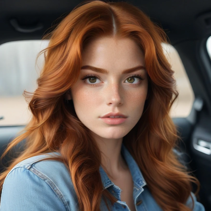 close-up portrait of a ginger woman in denim jacket, headshot, 1girl, solo, brown eyes, car interior, realistic, jewelry, ginger hair, lips, freckles, long hair, radisch