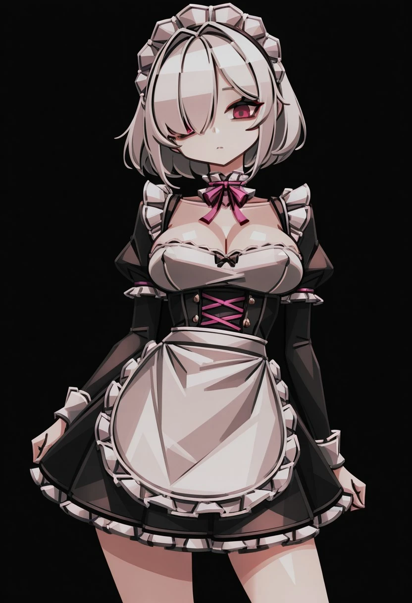 makaroll, deformed. best quality, absurdres, highres, hard edges, hard edges, rough coloring, uneven outline, colored outline, solo, 1girl, white hair, hair over one eye, pink eyes, red eyes, detailed eyes, large breasts, covered erect nipples, maid, bags under eyes, mascara, scarred neck, looking at viewer, pose, contrapposto