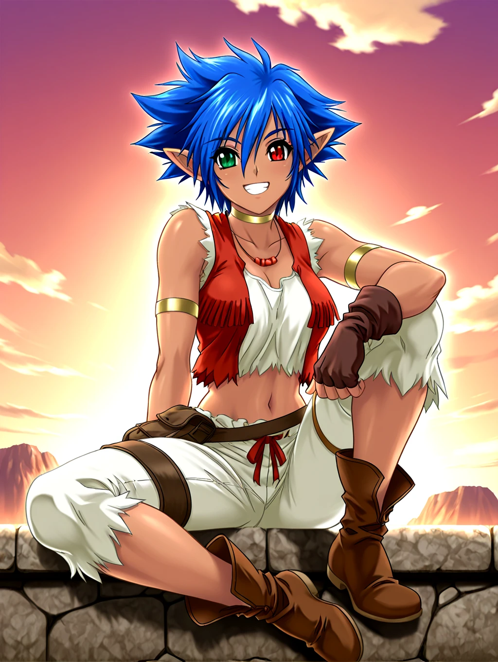 <lora:IL-D2-ERENA:1>,D2-ERENA,1girl,solo,short hair,elf,blue hair,dark skin,pointy ears,green eyes,heterochromia,red eyes,spiked hair,navel,brown fingerless gloves,midriff,red vest,necklace,jewelry,belt,pants,leggings,boots,
day,sitting,sky,cloud,open mouth,looking at viewer,
grin,shiny,thumbs up,