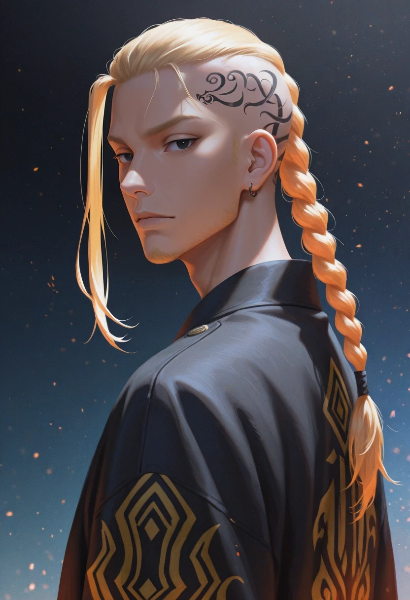 masterpiece, best quality, amazing quality, very aesthetic, high resolution, ultra-detailed, absurdres, newest, colorful, highest detailed, very awa, , (realistic:0.6), looking at viewer, 1boy, solo, male focus, <lora:ken_ryuuguuji_ilxl:0.9>, ken_ryuuguuji, blonde hair, black eyes, braid, single braid, braided ponytail, tattoo, long hair, ,
