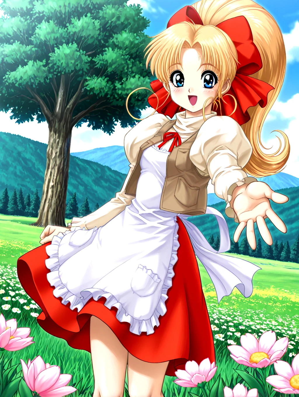 <lora:IL-D2-KURISUTA:1>,KURISUTA,1girl,blue eyes,solo,blonde hair,ponytail,hair bow,long hair,apron,dress skirt,hair ribbon,vest,ribbon,juliet sleeves,1990s \(style\),
outdoors,grasslands,floating leafs,flower,sky,cloud,day,tree,
looking at viewer,reaching towards viewer,blush,smile,open mouth,