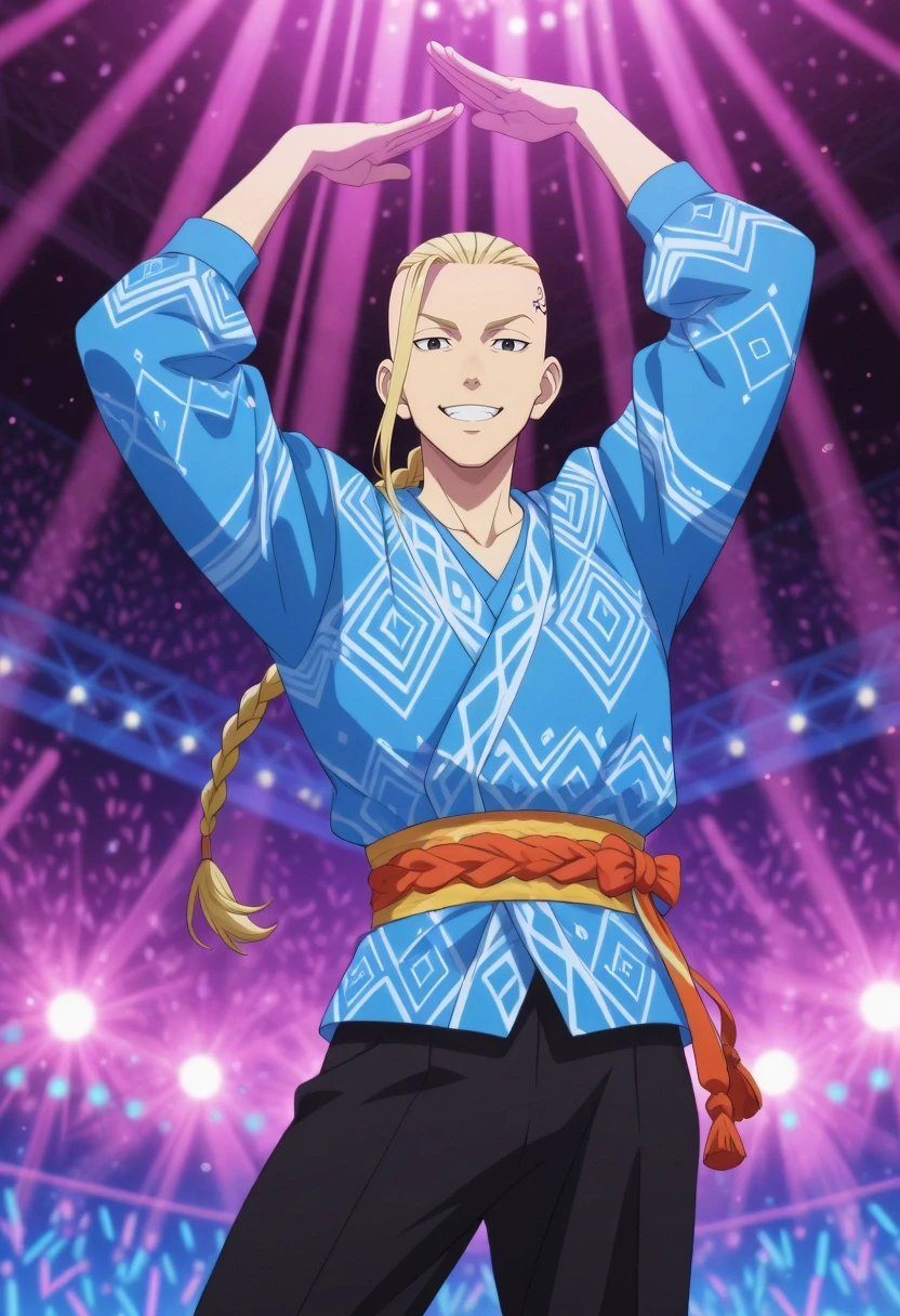 masterpiece, best quality, amazing quality, very aesthetic, high resolution, ultra-detailed, absurdres, newest, colorful, highest detailed, very awa, anime screencap, official style, anime coloring, cowboy shot, looking at viewer, 1boy, solo, male focus, <lora:ken_ryuuguuji_ilxl:0.92>, ken_ryuuguuji, blonde hair, black eyes, braid, single braid, braided ponytail, tattoo, long hair, , dancing, joyful expression, vibrant street parade, elaborate costume, dazzling spotlights, low angle, decorated floats, cheering spectators \(blurred\), rhythmic music, festive, flamboyant, intricate designs, sharp focus, brilliant lights, clear view
