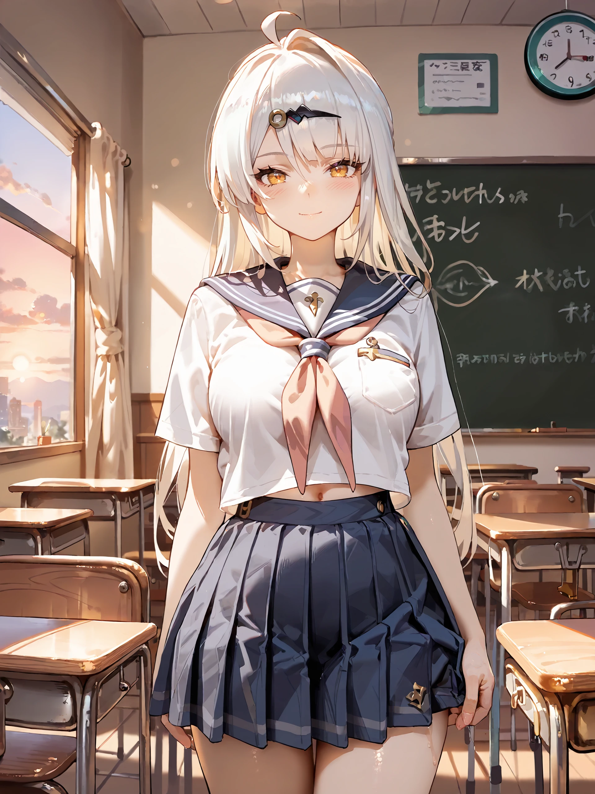 score_9, score_8_up, score_7_up, source_anime, ray tracing, best quality, <lora:Char-ZZZ-Yixuan-V1-Pony:0.9:hr=0.6>, <lora:pony-softNai3Style:0.7>, softNai3Style, 1girl, solo, yixuan \(zenless zone zero\), solo, school uniform, serafuku, cowboy shot, sunbeam, sunset, classroom, indoors, window, light smile, blush, looking at viewer, facing viewer