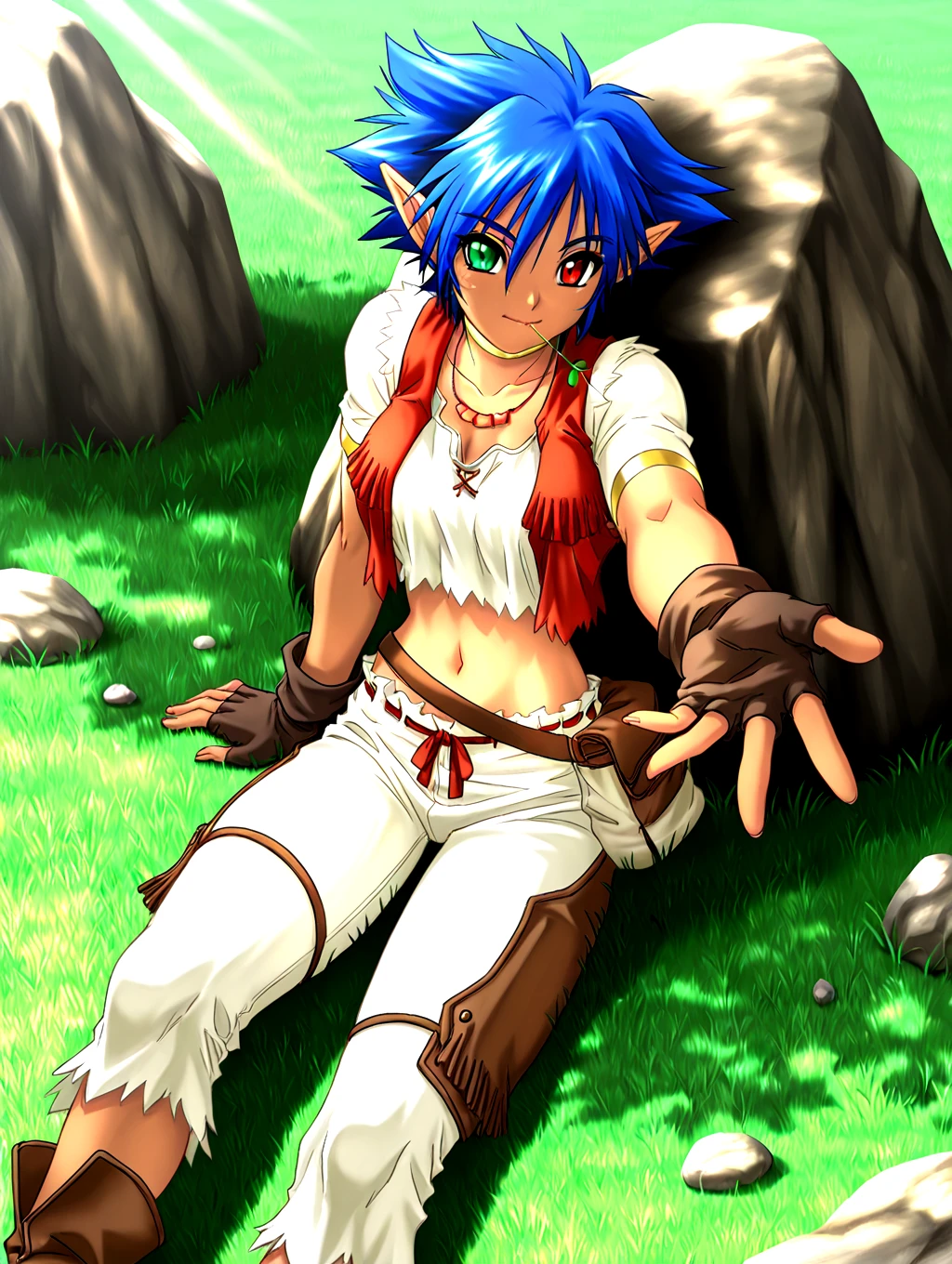 <lora:IL-D2-ERENA:1>,D2-ERENA,1girl,solo,short hair,elf,blue hair,dark skin,pointy ears,green eyes,heterochromia,red eyes,spiked hair,navel,brown fingerless gloves,midriff,red vest,necklace,jewelry,belt,pants,leggings,boots,
stalk in mouth,doyagao,looking at viewer,reaching towards viewer,
grasslands,sitting,rock,floating leafs,wind lift,dappled sunlight,