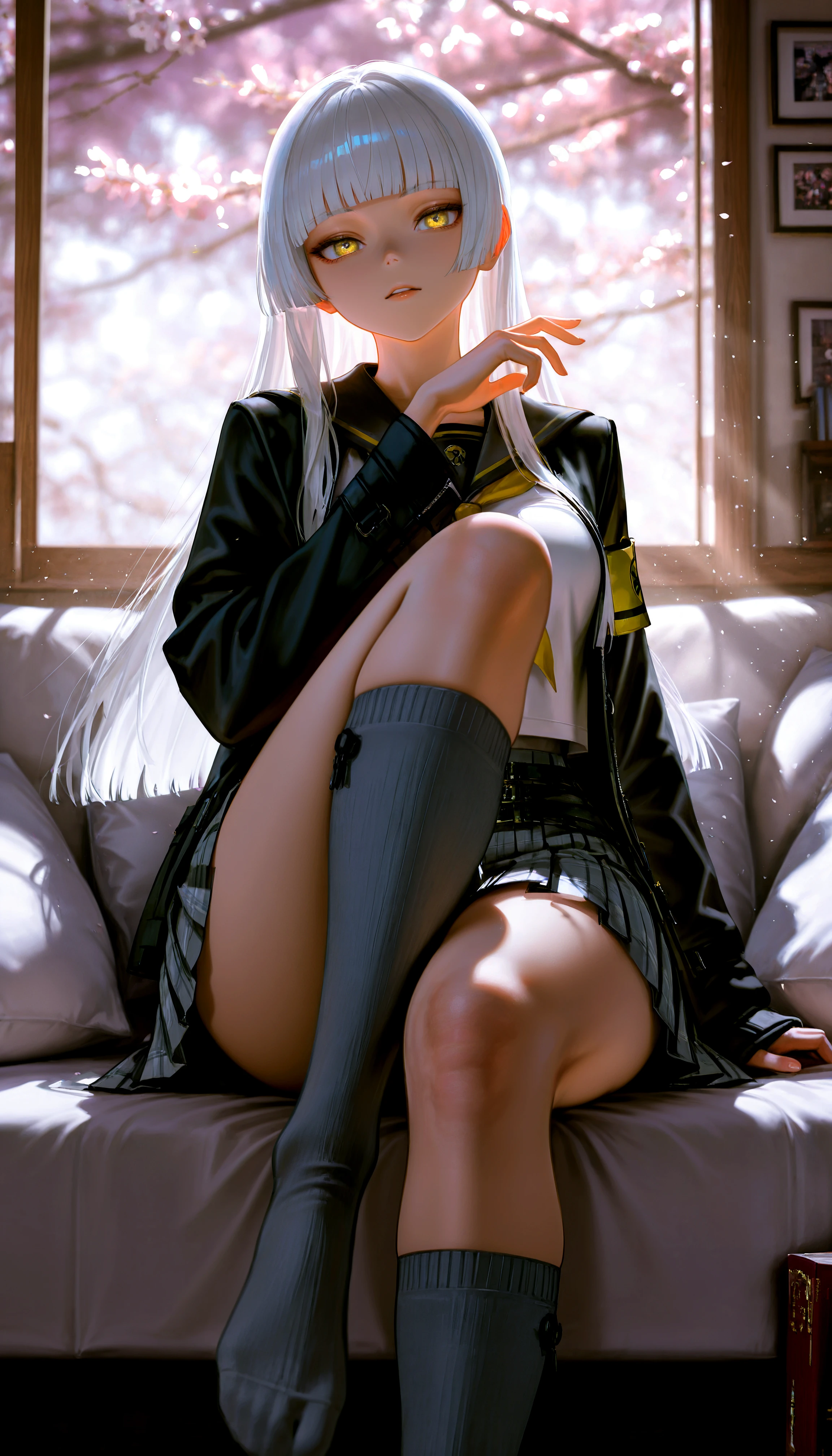 HDR, 8K, high contrast, masterpiece, best quality, amazing quality, very aesthetic, superabsurd res, high resolution, ultra-detailed, absurdres, newest, scenery, (horikoshi kouhei:0.3), (quasarcake:0.3), (wlop:0.3), light rays, chiaroscuro, dynamic angle, close up, foreshortening, ER_Rio, 1girl, yellow eyes, white hair, hime cut, long hair, blunt bangs, large breasts, wide hips, (thick thighs:1.1), black jacket, open jacket, sleeves past wrists, school uniform, serafuku, yellow neckerchief, white shirt, multiple belts, plaid skirt, grey skirt, pleated skirt, miniskirt, grey socks, kneehighs, sitting, legs spread, photo_\(object\), windows, book, box, pillow, falling petals, tippet, cherry blossoms, stardust, partially illuminated, (backlighting), Intricately designed, Mysterious Shadows, BREAK, photorealistic, beautiful detailed eyes, detailed skin, detailed hair, volumetric lighting, dappled light, light particles, dramatic shadows, cinematic lighting, photo background, depth of field, <lora:IL\touching_grass_v0.2:0.8> <lora:IL\KMS_EternalReturn_Rio_v2_IL-000013:0.75>