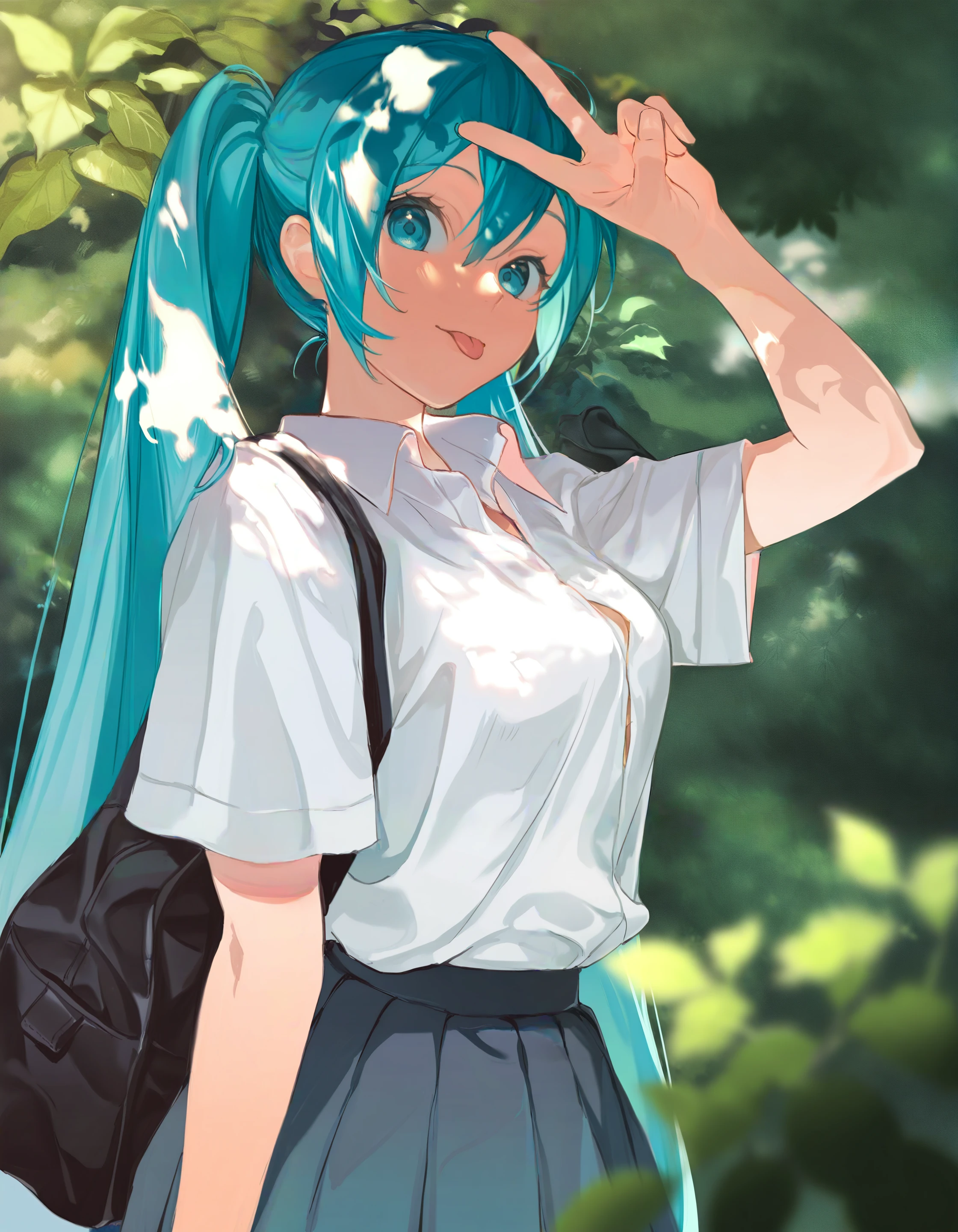 4t131225, masterpiece, best quality, highres, very awa, very aesthetic, 1girl, hatsune miku, outdoors, school uniform, white shirt, dress shirt, short sleeves, pleated skirt, black bag, v, blurry foreground, dappled sunlight, bloom, :p,