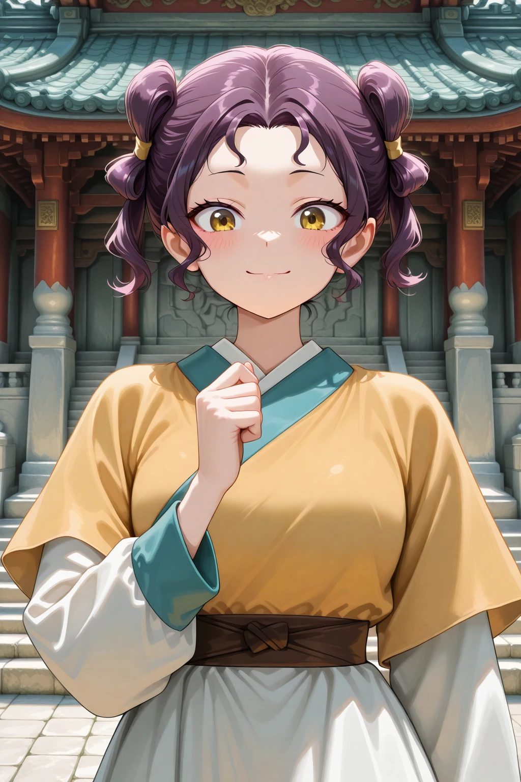masterpiece, best quality, amazing quality, 1girl, solo, makeup, general, cowboy shot, looking at viewer, blush, dramatic angle, confident, active, smile, hand up, rear palace, east asian architecture, outdoors, <lora:Kusuriya_Shisui:1>, Kusuriya_Shisui, yellow eyes, short hair, purple hair, double bun, twintails, wavy hair, breasts, chinese clothes, hanfu, short over long sleeves, layered sleeves, sash, yellow shirt, white skirt, <lora:wai-2Rectified-V140:1>, <lora:illustrious_noobai_epsilon_pred_1_masterpieces_v1:1>