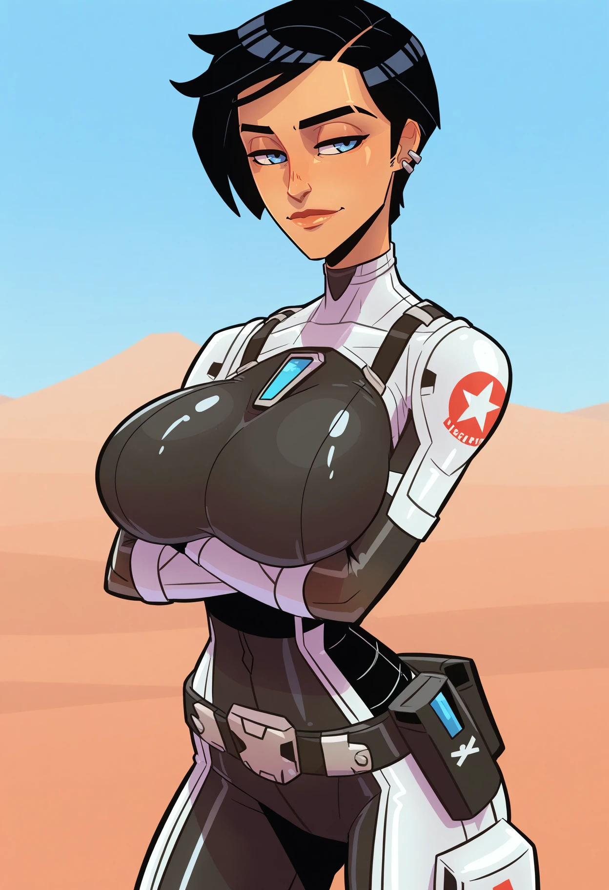 very aesthetic, masterpiece,best quality,amazing quality,newest, 8K, depth of field, volumetric lighting, very awa, ultra-detailed, absurdres, newest, detailed textures, correct ,
<lora:NM_Anbarin_ill:1>, NM_Anbarin, 1girl, , crossed arms, , short hair, dark skin, blue eyes, black hair, , lips dunes, desert background,