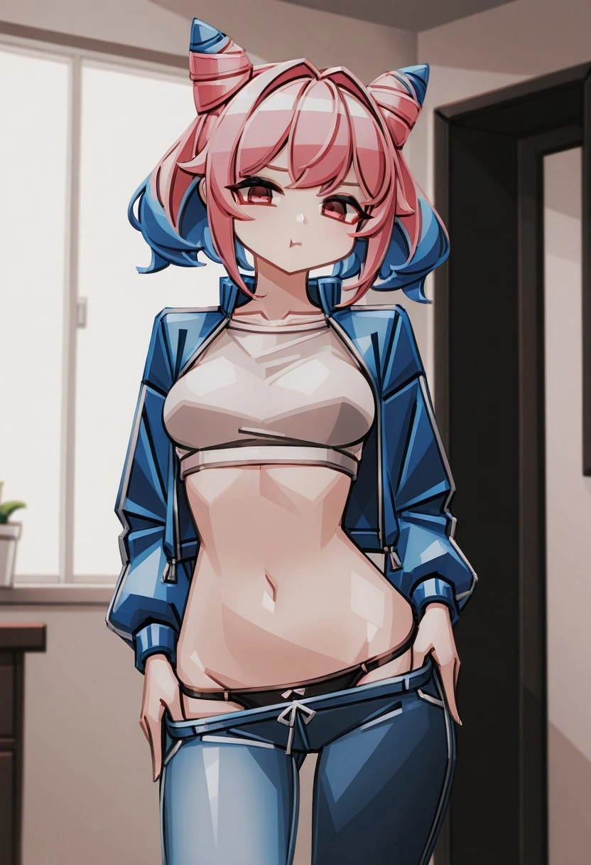 makaroll, highres, detailed, illustration, indoors, texture, solo, 1girl, androgynous, looking at viewer, two-tone hair, blue hair, pink hair, cone hairbuns, midriff, capri_pants, jacket, medium breast, deep skin, clothes pull, panties, pouting
