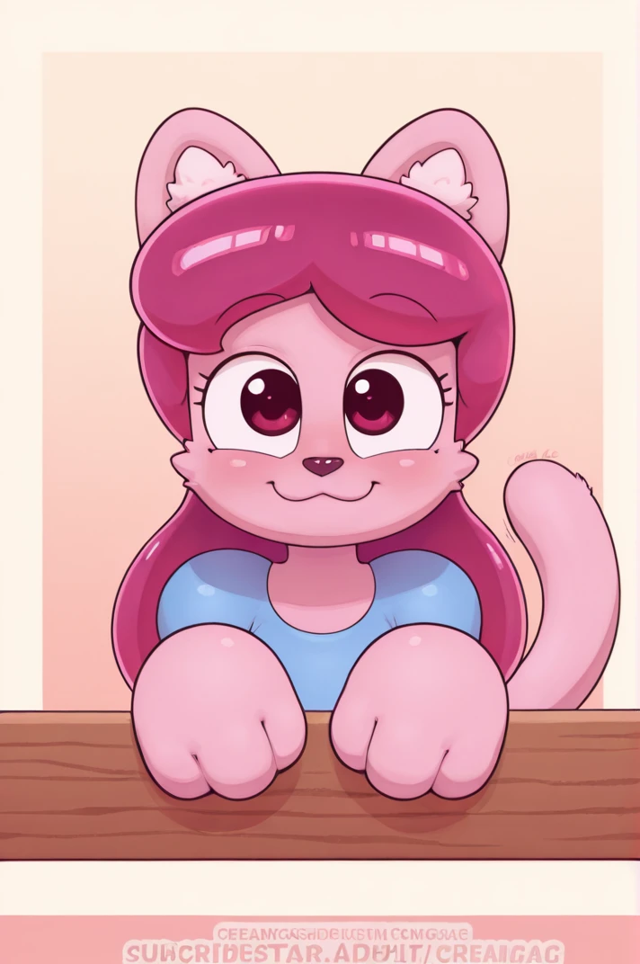 masterpiece, best quality, amazing quality, <lora:CreamGag_Style:0.8> creamgag, grace, pink fur, pink hair, cat girl, cat ears, cat tail, animal nose, :3, looking at viewer, smile