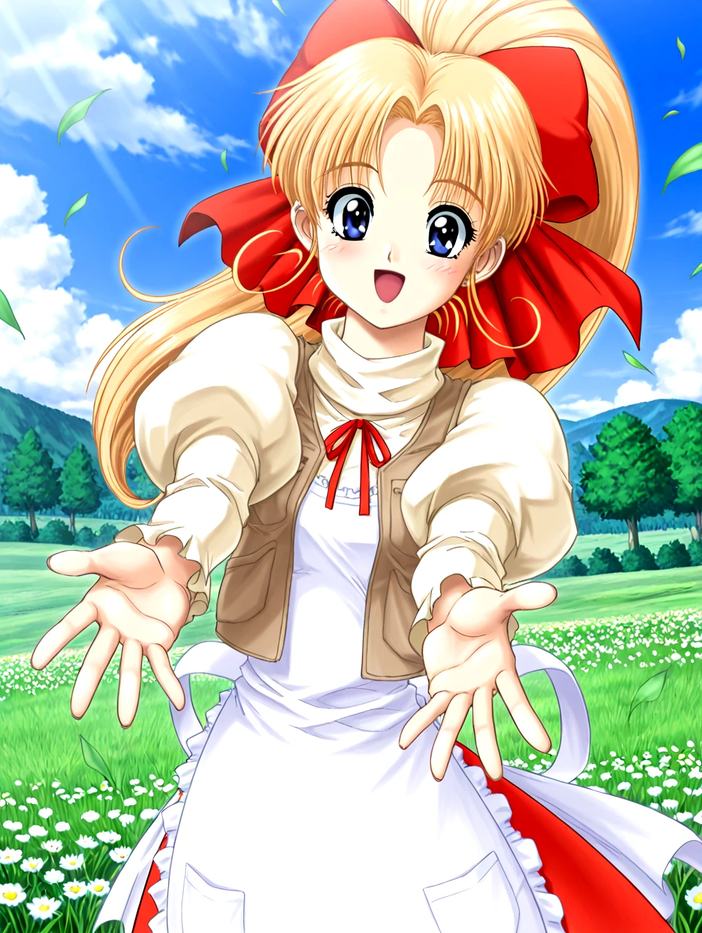 <lora:IL-D2-KURISUTA:1>,KURISUTA,1girl,blue eyes,solo,blonde hair,ponytail,long hair,apron,dress skirt,ribbon,hair ribbon,vest,juliet sleeves,hair bow,1990s \(style\),
outdoors,grasslands,floating leafs,flower,sky,cloud,day,tree,
looking at viewer,reaching towards viewer,blush,smile,open mouth,