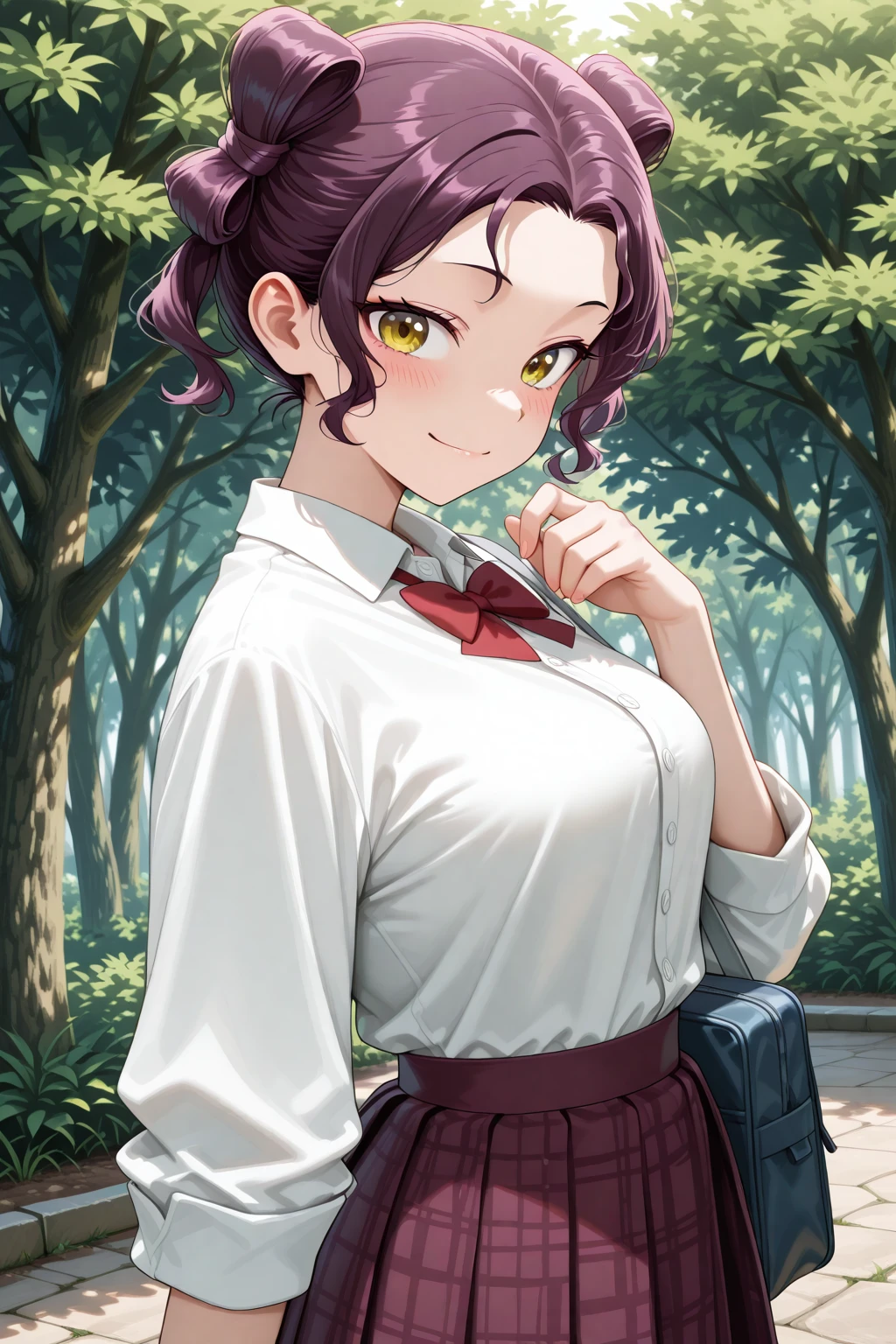 masterpiece, best quality, amazing quality, 1girl, solo, makeup, general, cowboy shot, looking at viewer, blush, dramatic angle, confident, active, smile, hand up, modern, from side, outdoors, <lora:Kusuriya_Shisui:1>, Kusuriya_Shisui, yellow eyes, short hair, purple hair, double bun, twintails, wavy hair, breasts, shirt, skirt, school uniform, white shirt, pleated skirt, collared shirt, dress shirt, plaid skirt, purple skirt, shirt tucked in, checkered skirt, red bowtie, school bag, <lora:wai-2Rectified-V140:1>, <lora:illustrious_noobai_epsilon_pred_1_masterpieces_v1:1>