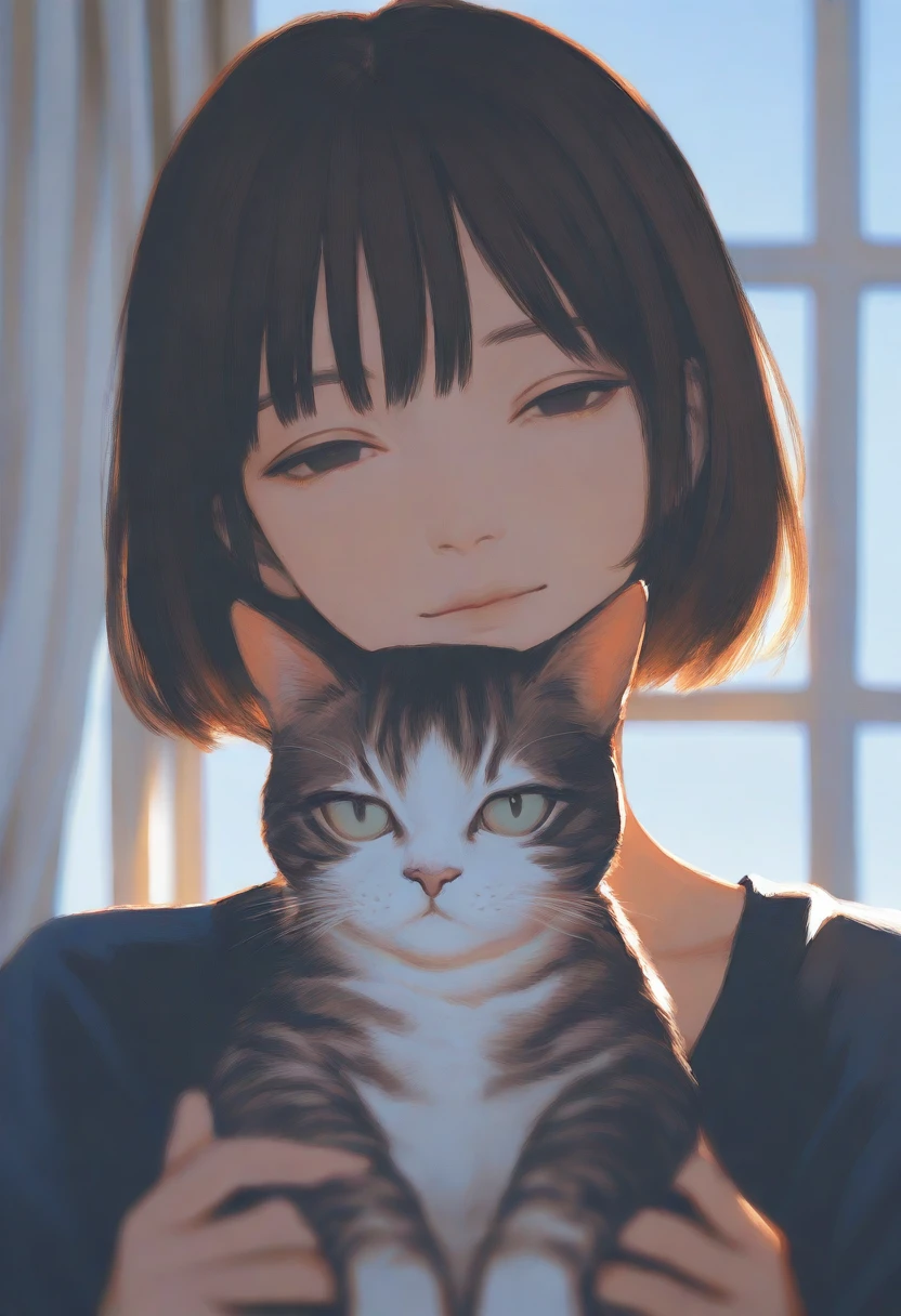 masterpiece, best quality, very aesthetic, (realistic:0.2), (flat color:0.9), 1girl, teenage, holding cat, looking at viewer, half closed eyes, light smile, head tilt, short hair, matte skin, upper body, sitting, straight-on, indoors, white wall, couch, backlightling, window, blue sky, day, curtain, depth of field