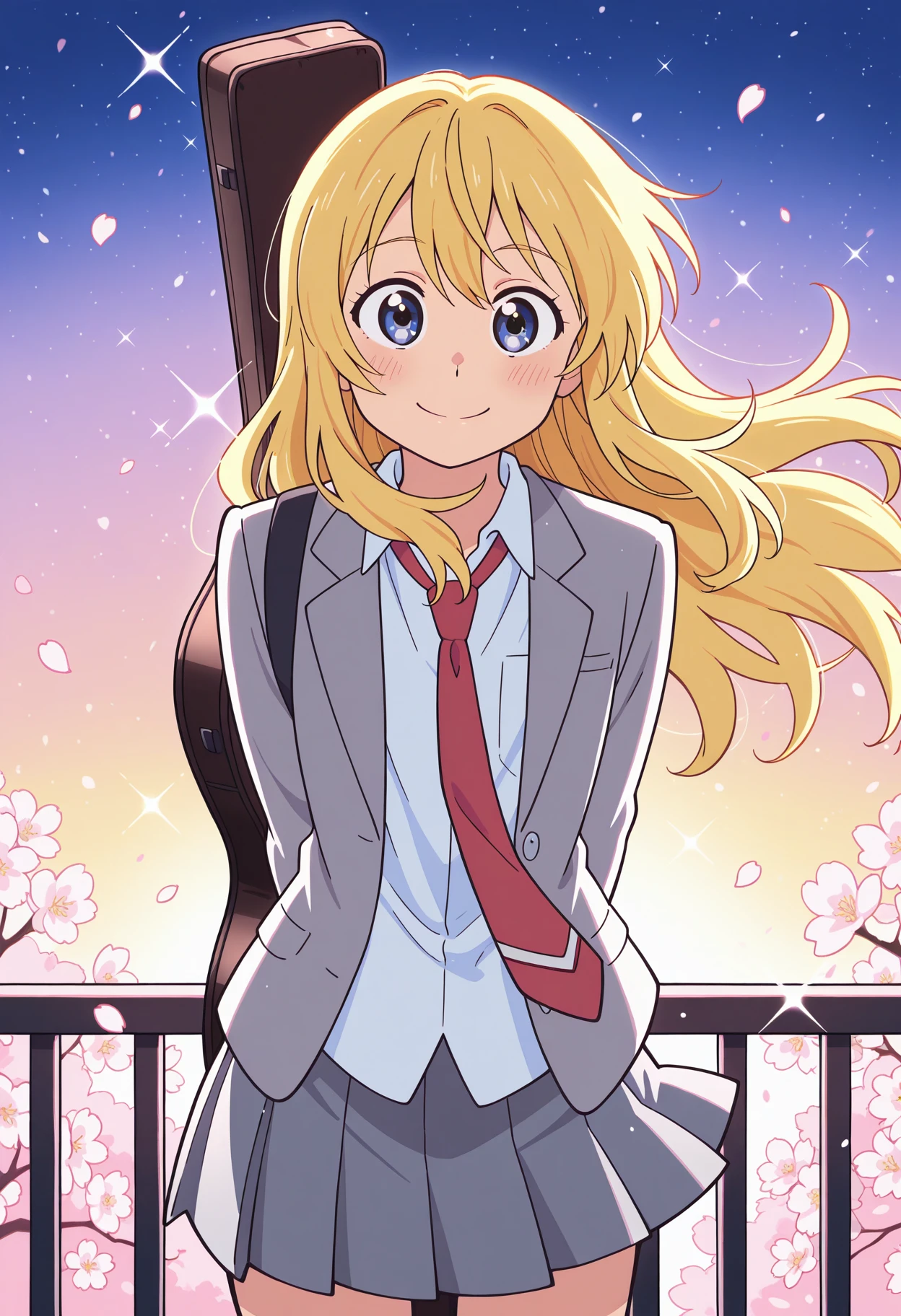masterpiece, best quality,  absurdres, highres, 1girl,  <lora:city_the_animation_style:1>, city_style, cartoonized, miyazono kawori, shigatsu wa kimi no uso, blonde hair, long hair, white shirt, collared shirt, red necktie, grey blazer, skirt, pleated skirt, grey skirt, pleated skirt, school uniform, looking at viewer,  standing, cowboy shot, smile, (sparkle background:1.1), backlighting, gradient sky, star \(sky\), wind, floating hair, railing, red railing, cherry blossoms, falling petals, flower, arms behind back, (leaning forward:0.8), (violin case:1.1)