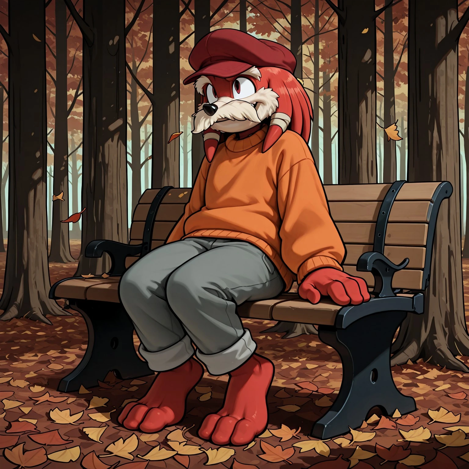 score_9, score_8_up, score_7_up, (best quality), ultra-detailed, high resolution, 8k, Pachacamac, elderly furry male, anthro echidna, mustache, 2d, animated, illustration, comic book style, full body, outside, forest, autumn, falling leaves, red cap, orange sweater, gray pants, barefoot, nice furry feet, plantigrade, sitting on bench