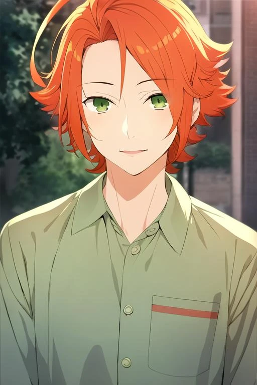 masterpiece, best quality, high quality, 1boy, solo, male focus, looking at viewer, upper body, <lora:kouichi_shindou:0.80>, kouichi_shindou, orange hair, green eyes, ahoge, realistic, pajamas