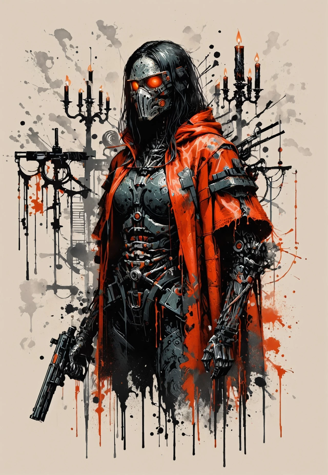 score_9, score_8_up, score_7_up, ink-painting, ink wash, ink wash painting,
1girl, female warrior, dark armor, gothic, plague doctor mask, red hooded cloak, multiple weapons
sword, crossbow, claw-like extensions, skeletal hands
candles,
dark background, foggy, desolate environment, sinister design, intricate patterns