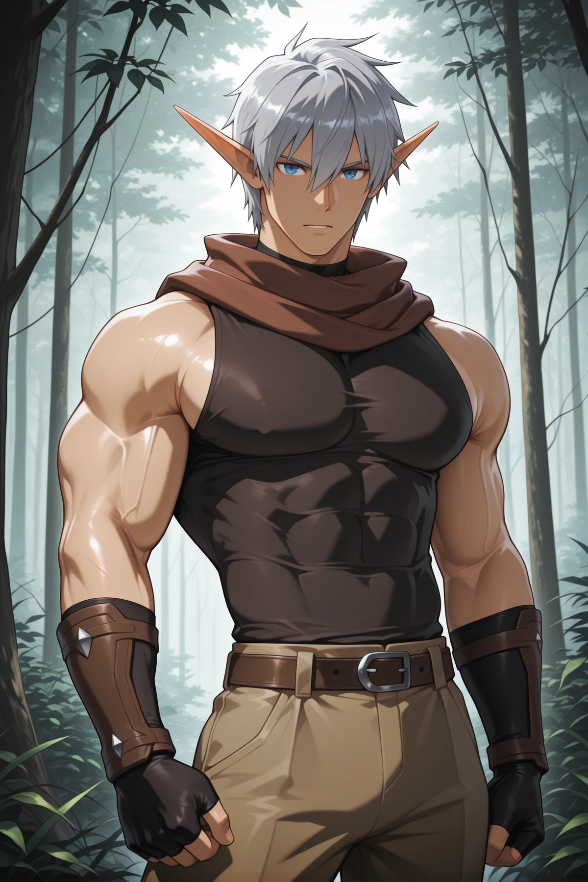 masterpiece, best quality, amazing quality, male, male focus, 1boy, solo, <lora:Dizdoodz_Style:0.2> dizdoodz, <lora:NoNameStyleVPRED10:0.2> nonamestyle, <lora:Silverjow_Style_V1_ILXL:0.4>, s1lv3rj0w, <lora:BarabroStyle_V4:0.6> b4r4br0,
looking at viewer, muscular, muscular male, large pectorals, thin waist, forest, outdoors, sleeveless, shirt, 
 <lora:Gia_Nageeve:0.9> gia_nageeve, pointy ears, elf, grey hair, short hair, hair between eyes, blue eyes, scarf, pants, fingerless gloves,