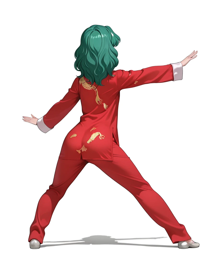 masterpiece,best quality,amazing quality,very aesthetic,high resolution,ultra detailed,perfect details,anime coloring,
simple background,white background,
1girl,solo,full body,chinese clothes,<lora:mai_pose_kf_1:1.2>,mai_pose_kf_1,fighting_stance,
long_sleeves,standing,jacket,shoes,pants,from_behind,shadow,white_footwear,outstretched_arm,red_jacket,red_pants,dragon_print,
<lora:Michiru_Kaiou_ILXL:1>,kaiou michiru,looking at viewer,