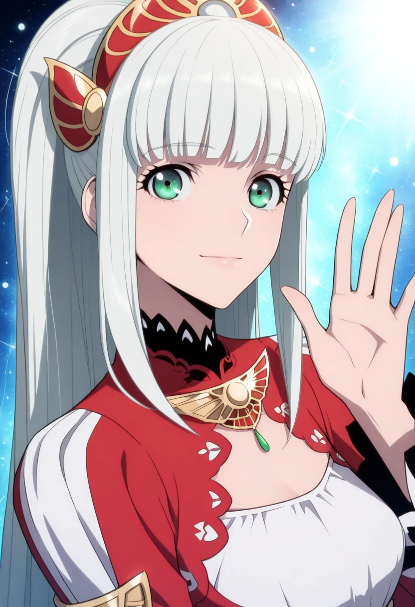 masterpiece,best quality,
<lora:Lailh_V1:0.8>,purelailh,1girl,white long hair,green eyes,red and white fantasy dress,gold trim,high collar,chest cutout,off-shoulder,detached sleeves,ornamental long dress,elegant,symmetrical,
(waving at viewer:1.3),galaxy background,light particles,light smile,cosmic background,portrait,no building,facing viewer,solo,