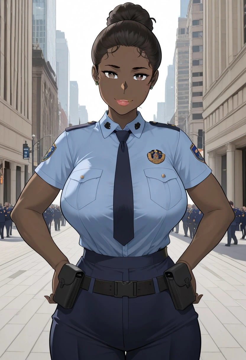 A powerfully built, dark-skinned policewoman stands confidently on a bustling New York City street. Her voluptuous, robust physique is prominently showcased by a form-fitting NYPD uniform, the fabric straining enticingly over her ample bust and wide, commanding hips. Her uniform, crisp and authoritative, includes a short-sleeved shirt that subtly highlights her toned arms, and a utility belt laden with equipment that accentuates her cinched waist. Her face, framed by dark hair pulled into a neat, powerful bun, holds a serious, knowing expression, with a hint of a confident smirk playing on her lips. She exudes an undeniable aura of authority and raw, untamed sensuality, a formidable figure of law and order whose very presence commands attention and stirs primal instincts amidst the urban chaos. citybkg