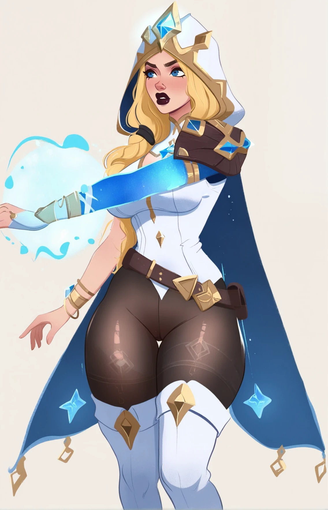 masterpiece, best quality, amazing quality, absurdres,
, , , , , hot, <lora:Freljord Ashe-e100_s1000:1> Freljord_Ashe, blonde hair, blue eyes, white hooded cloak, gold trim, golden crown, white and gold , single sleeve, golden arm guards, black pantyhose, white gloves, gold bracelets, blue tattos, white thigh-high boots,, dynamic pose, , , <lora:MSMLN-IL:1> MSMLN,