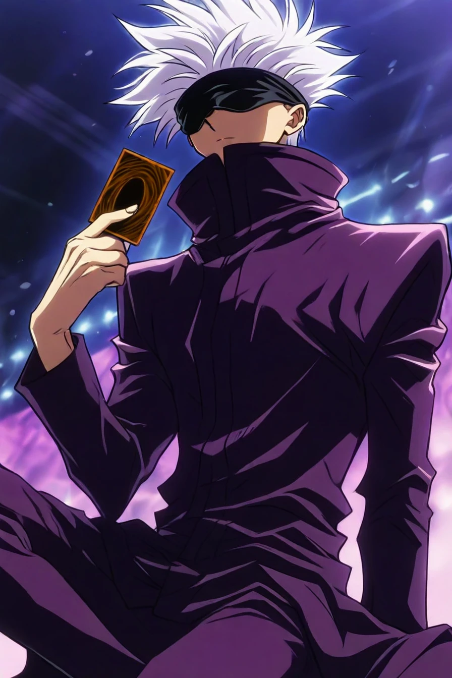gojou satoru, white hair, purple pants, high collar, blindfold, covered eyes, black blindfold, purple jacket, purple pants, 1boy, solo, alone, holding card, card, <lora:yu_gi_oh_style_illustriousXL-000015:1>, yugioh_style, masterpiece, highres
