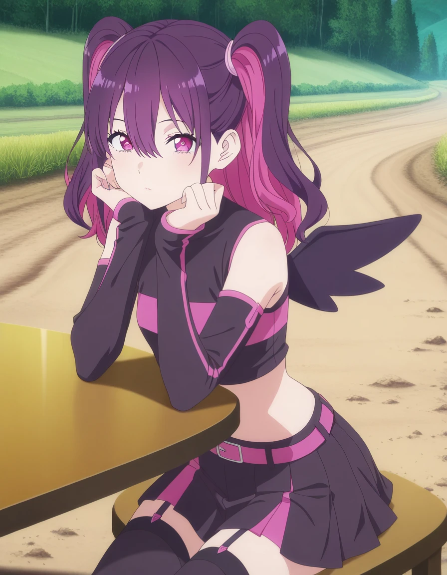 masterpiece, best quality, amazing quality,, <lora:mikari-tachibana-s1-illustriousxl-lora-nochekaiser:1>, mikari tachibana, long hair, bangs, hair between eyes, twintails, purple eyes, pink hair, purple hair, multicolored hair, two-tone hair, two side up, mature female, small breasts, anime screencap, skirt, shirt, thighhighs, pleated skirt, detached sleeves, wings, sleeveless, midriff, belt, black thighhighs, miniskirt, black skirt, zettai ryouiki, crop top, two side up, garter straps, black sleeves, pink belt, sitting, elbow rest, table,, dirt road, rural, path, dust, nature, cowboy shot, solo, looking at viewer,