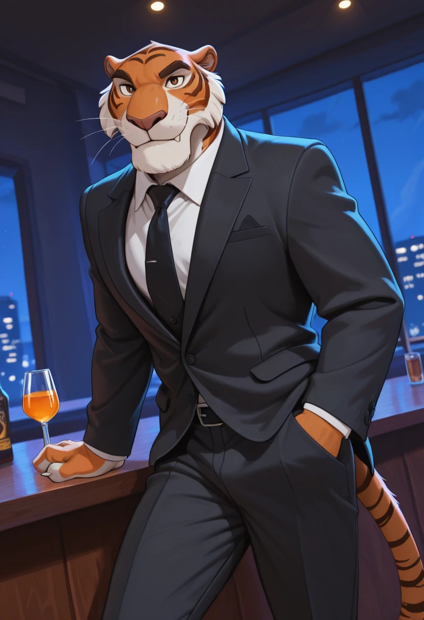 masterpiece, high detailed skin, best quality, high res, very aesthetic, eleptorstyle,
(solo),
(shere_khan:1.4, male anthro tiger), fangs, claws, brown eyes. tail, talespin, (male:1.4),
<lora:Shere_Khan_Talespin:0.6>
night club, at the bar,
wearing a black suit, cocky smile, waking toward viewer,
<lora:noobXL-realistic-V2.1:0.4>
<lora:KFT_Furropean_Extreme_IL:0.2>
<lora:afkJourneyIllustrious2:0.2>
<lora:Smooth_Booster_v3:0.2>