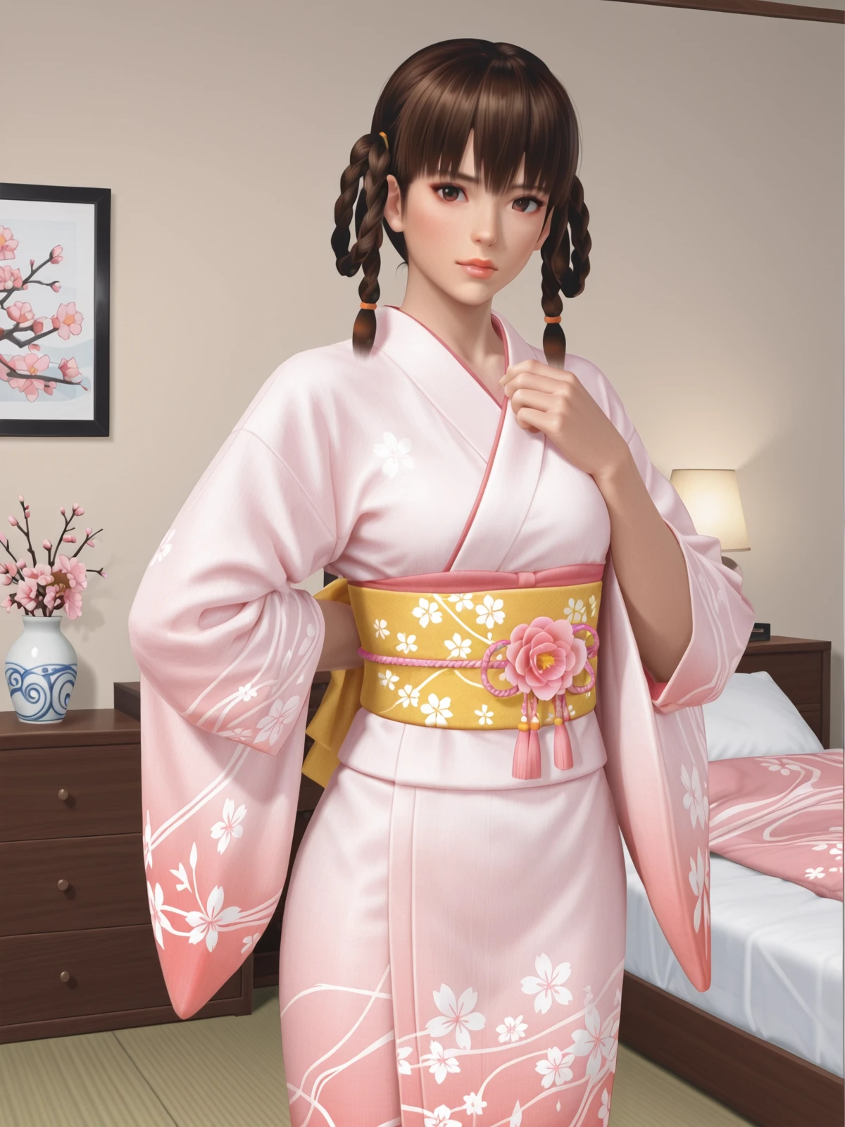 lei fang \(doax vv\),brown hair,brown eyes,lips,cowboy shot,kimono,bedroom,