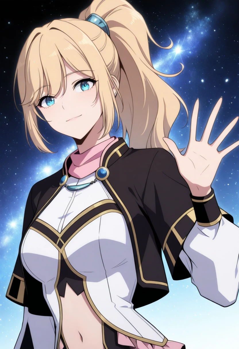 masterpiece,best quality,<lora:Lowellmina :0.8>,1girl,blonde hair,long hair,ponytail,blue eyes,bare midriff,cleavage,detached sleeves,frilled dress,jewelry,necklace,black jacket,black capelet,pink frills,pink collar,navel cutout black skirt,white shirt,,(waving at viewer:1.3),galaxy background,light particles,light smile,cosmic background,portrait,no building,facing viewer,solo,