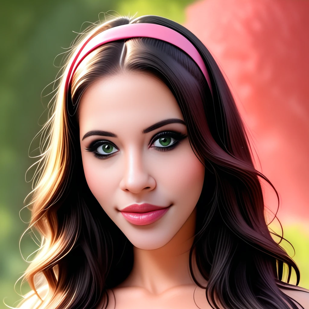 my_character_face. The image is a hyper-realistic digital painting of a young woman with a serene and confident expression. She has a light to medium skin tone, with a few strands framing her face. A pink headband with a small, realistic photograph of a young woman of likely Latina descent, confident smile.   She is dressed in a black top, indicated by the light wooden lattice pattern visible through the blurred background.   The lighting is warm and even, adding depth and dimension to the image. The overall style is highly realistic, emphasizing her face and shoulders, symmetrical face with high cheekbones and a smooth complexion. Her full lips are painted with a bold, long hair is styled in loose waves, accentuated by skillfully applied makeup, suggesting a poised, glossy pink lipstick, with a hint of a smile that suggests warmth and approachability.   The background is a smooth gradient of light gray, suggesting an indoor setting with natural light, making her the focal point of the image. The lighting is soft but intense, expressive green eyes are accentuated with dark eyeliner and mascara, glossy red, with a shallow depth of field., even light on her face., drawing attention to her face. The lighting is natural, dark eyelashes. The eyes are accentuated with subtle, drawing attention to her face. The lighting is soft and even, almost surreal quality. She has a striking appearance with porcelain skin and piercing