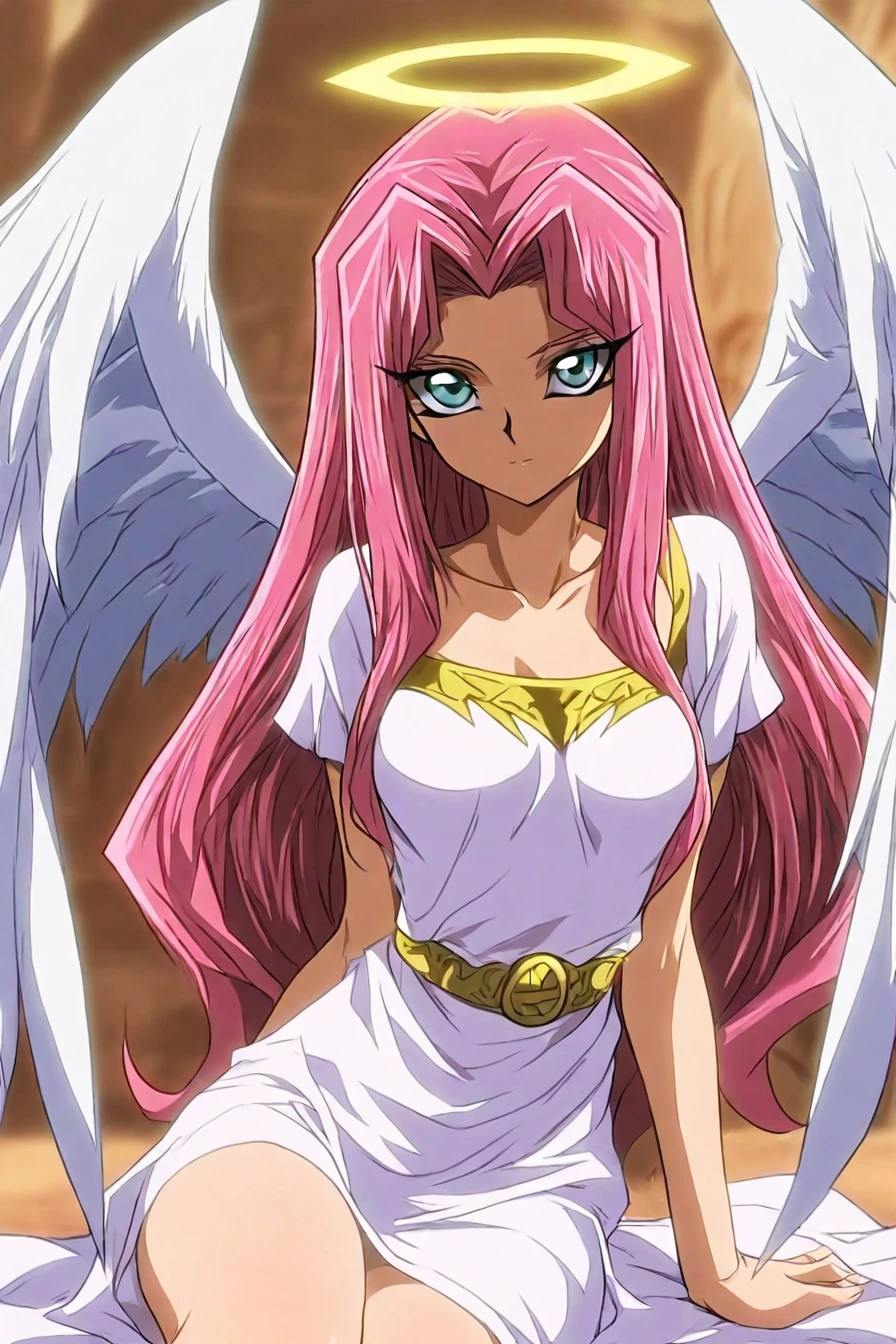 1girl, solo, alone, angel, wings, looking at the viewer, white dress, <lora:yu_gi_oh_style_illustriousXL-000015:1>, yugioh_style, masterpiece, highres