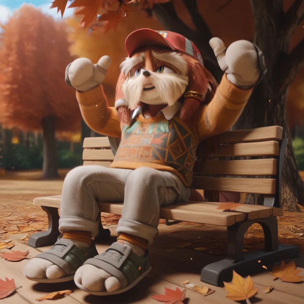score_9, score_8_up, score_7_up, (best quality), ultra-detailed, high resolution, 8k, Pachacamac, elderly furry male, anthro echidna, 2d, animated, illustration, comic book style, full body, outside, forest, autumn, falling leaves, red cap, orange sweater, gray pants, barefoot, nice furry feet,, sitting on bench