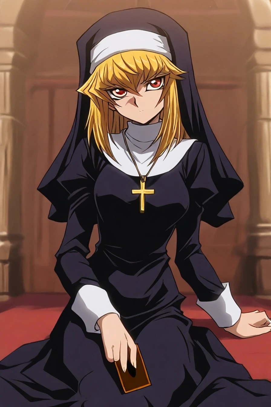 1girl, solo, alone, nun, cross necklace, holding card, card, <lora:yu_gi_oh_style_illustriousXL-000015:1>, yugioh_style, masterpiece, highres