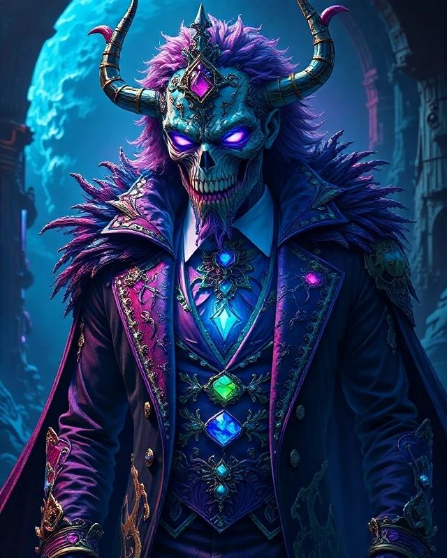 A striking figure with a skull-like face, glowing purple eyes, and elaborate horns stands in a dark, fantastical setting. Dressed in a regal, purple and black outfit adorned with intricate designs and colorful gemstones, the character embodies a menacing yet regal presence. The background showcases mysterious, atmospheric elements, enhancing the eerie, magical aura of the figure.