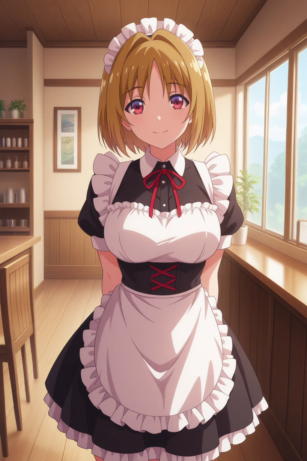 very awa, (vivid colors), detailed eyes, shining eyes, masterpiece, best quality, ultra-detailed, (8k), (hdr), (ultra-detailed), absurdres, looking at viewer, solo, 1girl, girl, indoors, cafe, day, smile, aakikyou, red eyes, brown hair, hair intakes, maid outfit, black dress, white apron, maid apron, maid headdress, anime coloring, ((standing, cowboy shot))