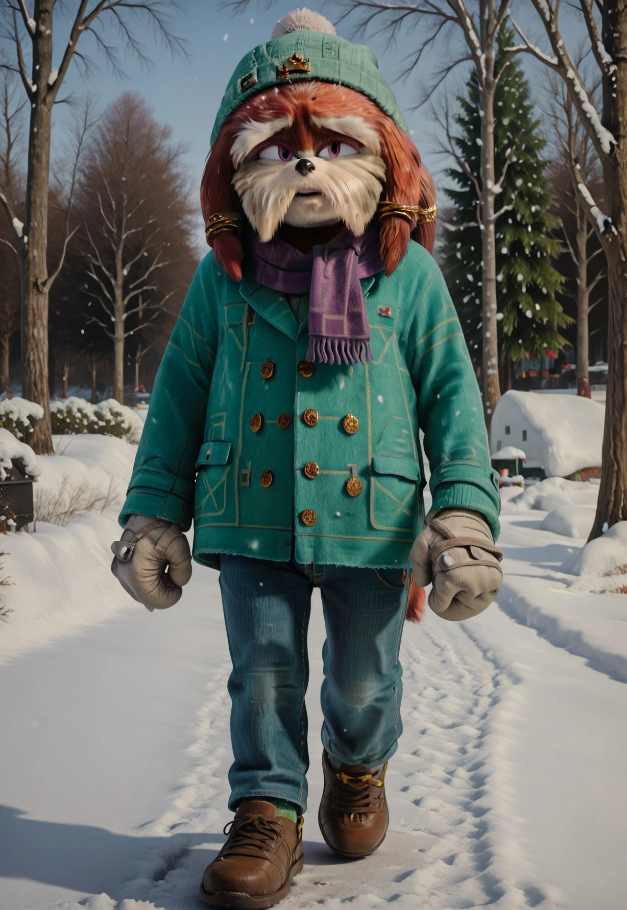 score_9, score_8_up, score_7_up, (best quality), ultra-detailed, high resolution, 8k, Pachacamac, elderly furry male, anthro echidna, 3d, cgi, photorealistic, full body, outside, park, winter, snow, mustache, beard, fluffy red fur, green beanie, purple scarf, green sweatshirt, jeans, brown shoes, golden ornament in hair, white gloves with spikes, walking