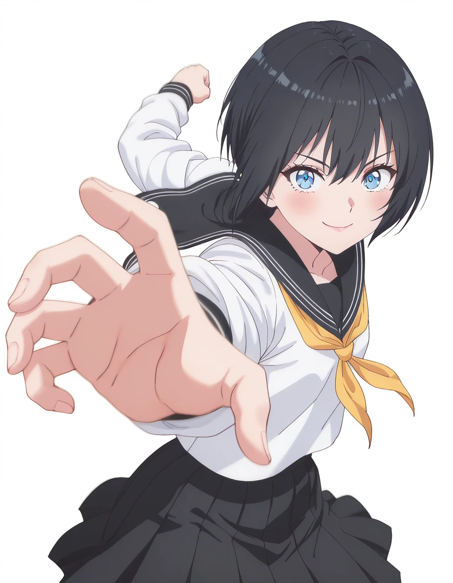 masterpiece, best quality, amazing quality,, <lora:dimensionalseduction-nonoa-s1-illustriousxl-lora-nochekaiser:1>, nonoa, short hair, blue eyes, black hair, mature female, small breasts, anime screencap, skirt, shirt, long sleeves, pleated skirt, serafuku, black skirt, sailor collar, neckerchief, black sailor collar, yellow neckerchief,, <lora:pepe-punch-illustriousxl-lora-nochekaiser:1>, pepe punch, looking at viewer, blush, smile, simple background, closed mouth, clenched fist, foreshortening, punching, incoming punch, incoming attack, ruins, old, stone, history, fallen, cowboy shot, solo, looking at viewer, <lora:transparent-background-illustriousxl-lora-nochekaiser:1>, transparent background, simple background, white background