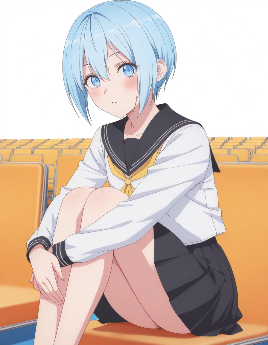masterpiece, best quality, amazing quality,, <lora:dimensionalseduction-nonoa-s1-illustriousxl-lora-nochekaiser:1>, nonoa, short hair, blue eyes, blue hair, mature female, small breasts, anime screencap, skirt, shirt, long sleeves, pleated skirt, serafuku, black skirt, sailor collar, neckerchief, black sailor collar, yellow neckerchief,, <lora:knees-to-chest-illustriousxl-lora-nochekaiser:1>, knees to chest, ass peak, breast press, sitting, knees up, hugging own legs, blush, on chair, parted lips, looking at viewer,, arena, seats, stage, event, audience, cowboy shot, solo, looking at viewer, <lora:transparent-background-illustriousxl-lora-nochekaiser:1>, transparent background, simple background, white background