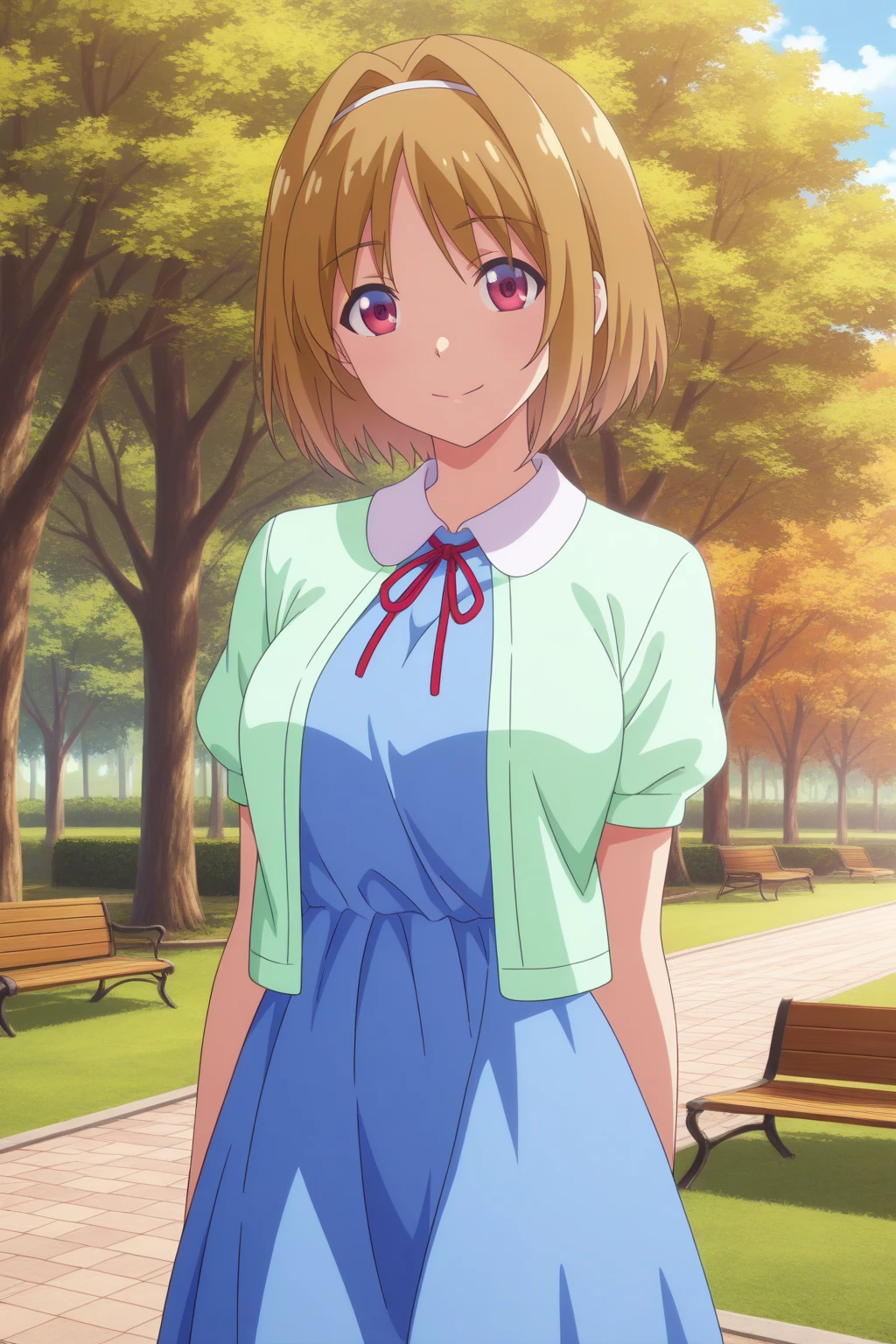 very awa, (vivid colors), detailed eyes, shining eyes, masterpiece, best quality, ultra-detailed, (8k), (hdr), (ultra-detailed), absurdres, looking at viewer, solo, 1girl, girl, outdoors, park, day, smile, aakikyou, red eyes, brown hair, hair intakes, white hairband, kikyouc1, red neck ribbon, blue dress, green cardigan, open cardigan, puffy short sleeves, anime coloring, ((standing, cowboy shot))