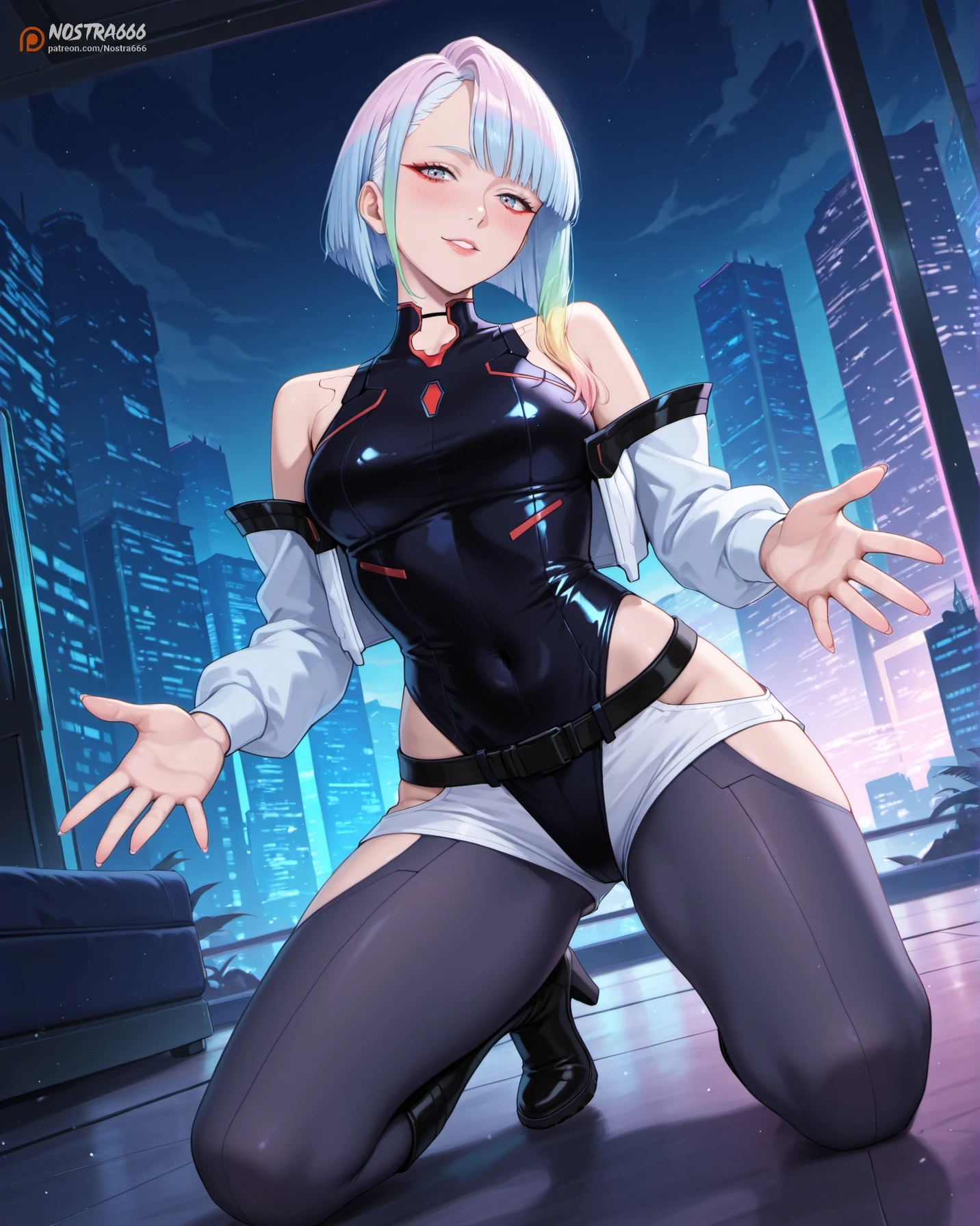 (8k, RAW photo, best quality, masterpiece: 1.45), Beautiful delicate face, young girl, white hair, ((kpop idol )), transparent bodysuit, spread, sensual, hot, sheerblack(high leg cut leotard), pale skin, {{messy short}}, (huge breasts:1.05), bangs, attractive curves, small pelvis, ((standing)), streets, glowing skin, cyberpunk colors, neon, techsuit, mecha, (((puffynipple, puffy areolas))), pubic hair, ((spread legs), camel toe, cameltoe, hard shape, vulvashaped:1.25), (upper body:1.15), (sfw:1.45)