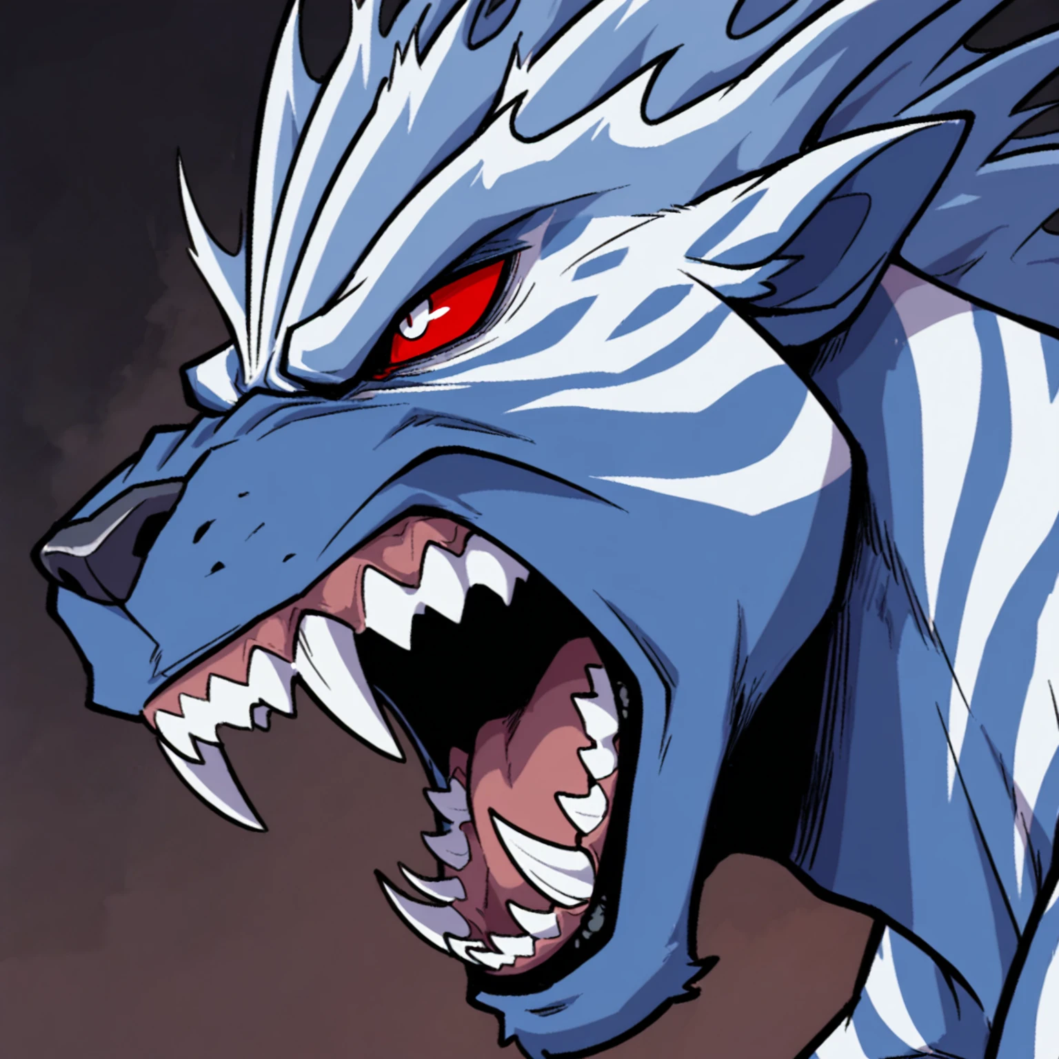 masterpiece, ultra quality, hires, 1boy, anthro, best quality, male, amazing quality, detailed eyes,anthro,rydr4ke, blue body, white stripes, white sclera,red eyes,sharp teeth, close-up, open mouth, showing fangs, frown, side view