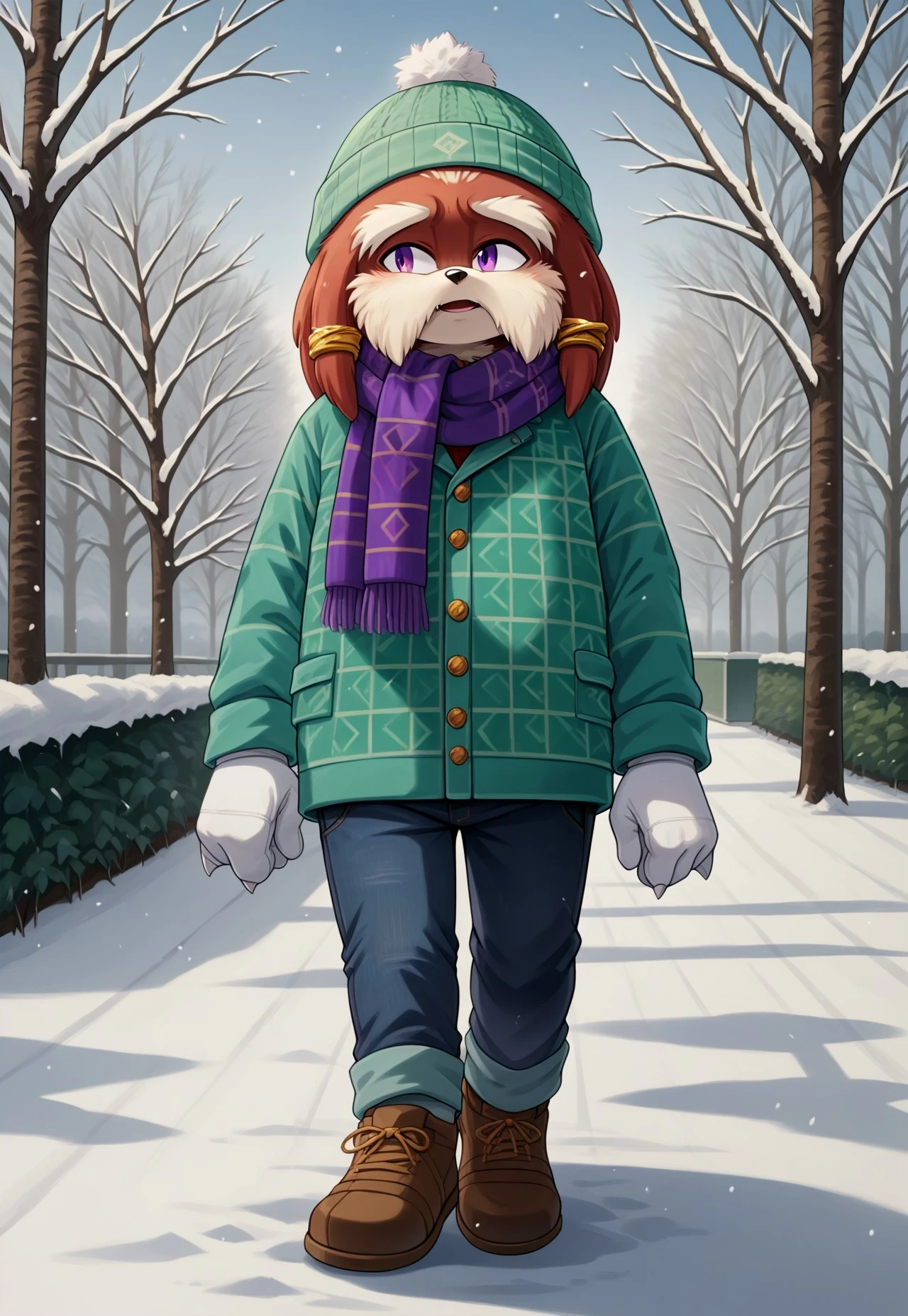 score_9, score_8_up, score_7_up, (best quality), ultra-detailed, high resolution, 8k, Pachacamac, (((purple eyes))), elderly furry male, anthro echidna, fluffy red fur, 2d, anime, full body, outside, park, winter, snow, green beanie, purple scarf, green sweatshirt, jeans, brown shoes, walking, white gloves with spikes, golden ornament in hair