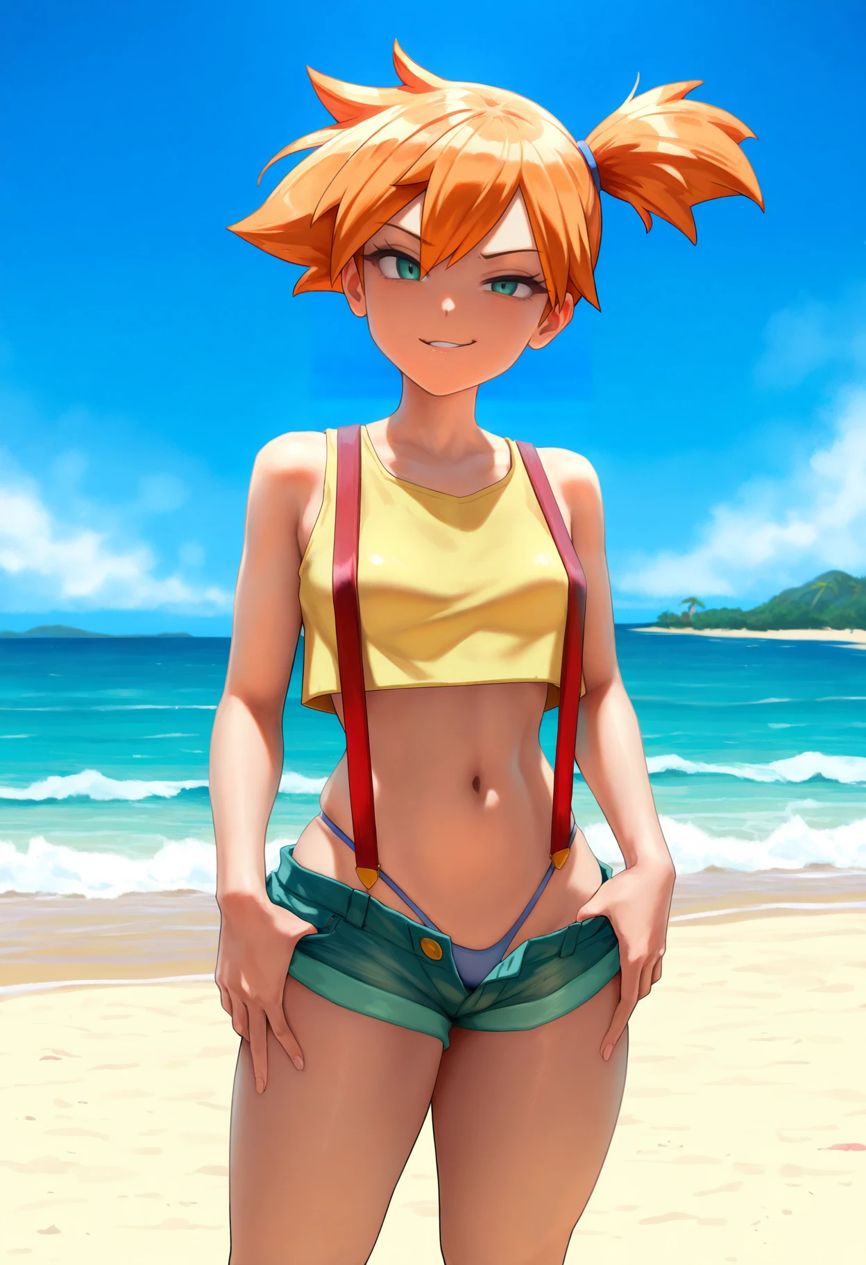 best quality, amazing quality, very aesthetic, absurdres,
1girl, misty \(pokemon\), orange hair, side ponytail, yellow crop top, short shorts, thong, suspenders, looking at viewer, smirk, standing,
sand, sea, blue sky, tropical island background, <lora:Eu03Noob_byKonan:1>
