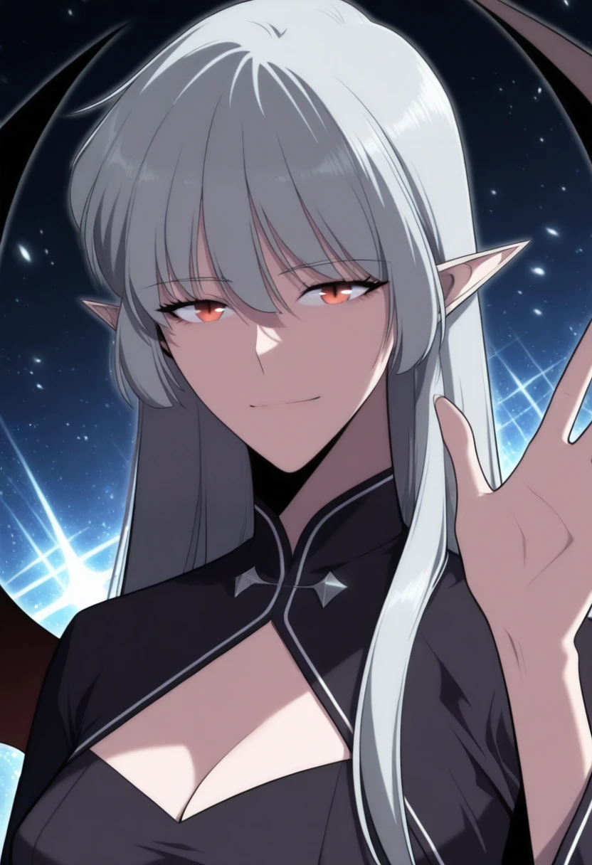 <lora:AliceF7:0.8>,1girl,red eyes,devil_eyes,long hair,grey hair,hair between eyes,pointy ears,flowing hair,medium breast,cleavage || VampireDZ1,black dress,pencil dress,high collar,collared dress,cut-out dress,white trim,black robe,long sleeves,flowing robe,flared cuffs,red lining,|| bat wings,demon wings,<lora:manhwaStyle-000020:1>,(waving at viewer:1.3),galaxy background,light particles,light smile,cosmic background,portrait,no building,facing viewer,