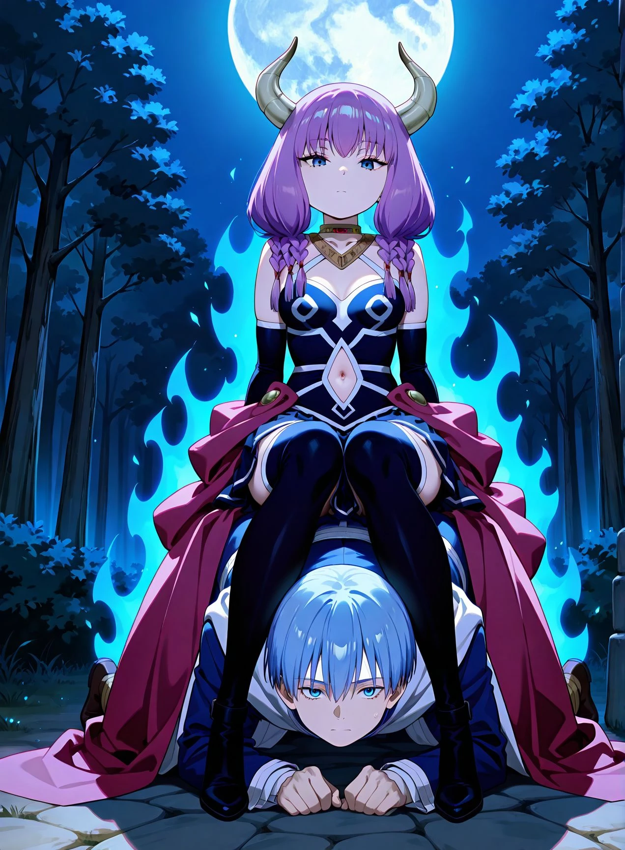 <lora:add-detail-xl:0.5>masterpiece,best quality,anime coloring,anime screenshot,
<lora:Human_Chair:0.7>Human_Chair,
sitting on a human chair,
1girl,breasts,1boy,all fours male,
hetero,front view,full body,
domme sitting on submissive,
sitting on a human chair,
looking at viewer,
BREAK
outdoors, night,dark,moon,
aura \(sousou no frieren\), demon horns,
himmel \(sousou no frieren\),
frieren,
sousou no frieren, official art,